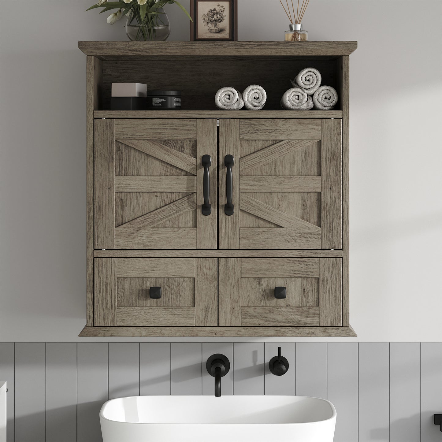 NEGYLIM Wall-Mounted Bathroom Cabinet with Barn Doors, Adjustable Shelf, 2 Drawers, Rustic Modern Style Storage Organizer for Toilet, Bathroom, Laundry Room