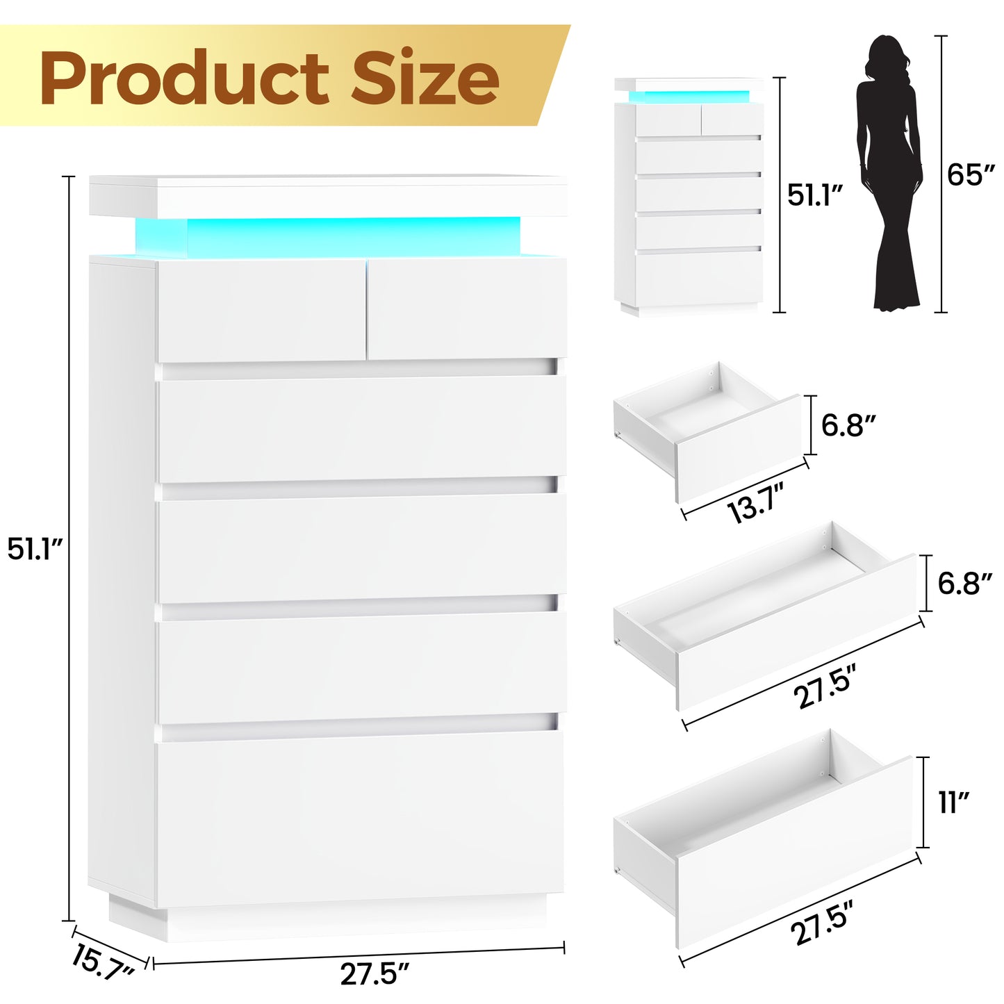 NEGYLIM 6 Drawer White Dresser, High Gloss Dresser with LED Light for Bedroom, Living Room, Hallway, Easy Assembly