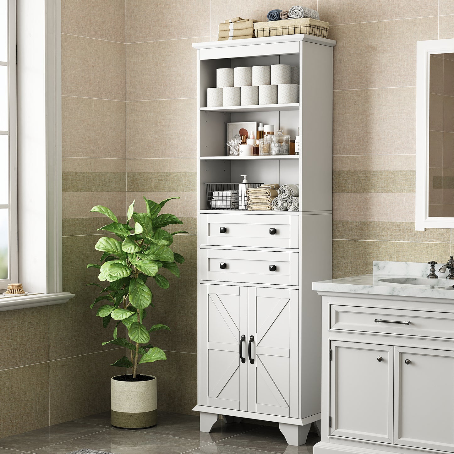 NEGYLIM 72" Tall Bathroom Storage Cabinet, Freestanding Cabinet with Adjustable Shelves, Large Bathroom Pantry Cabinet with 2 Drawers for Living Room, Kitchen, Dining Room, Office, White