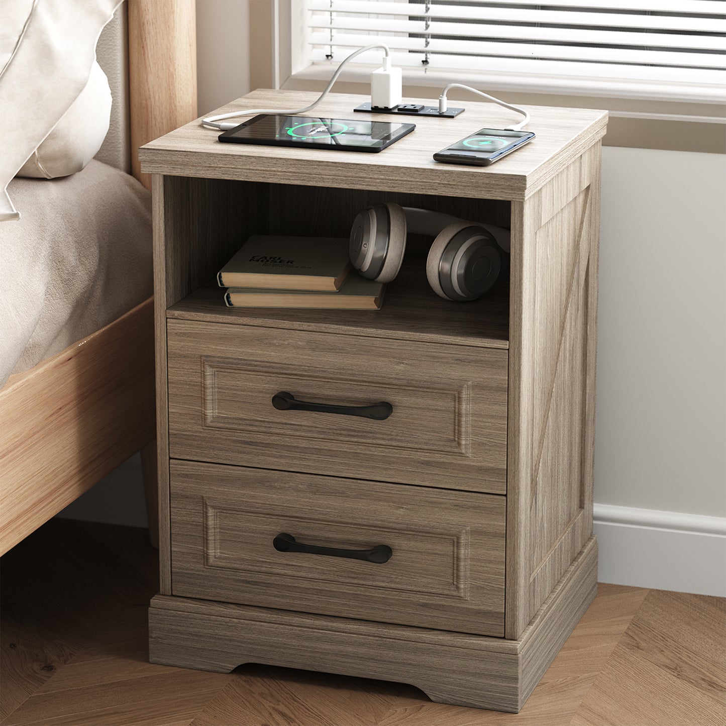 NEGYLIM 2-Piece Nightstand, Farmhouse End Table with Charging Station, 2 Drawers Storage for Bedroom