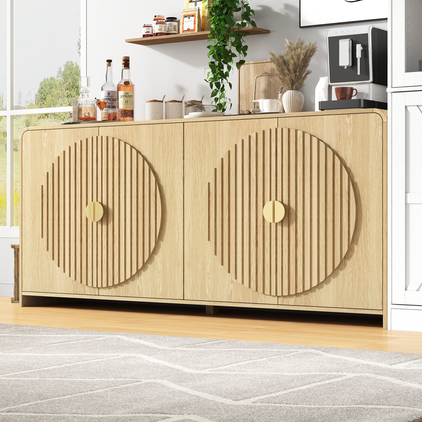 65" Large Sideboard Buffet Cabinet with Adjustable Shelves – Modern Farmhouse Coffee Bar & Dining Room Storage, Solid Wood Kitchen Table with Doors (Natural Finish)