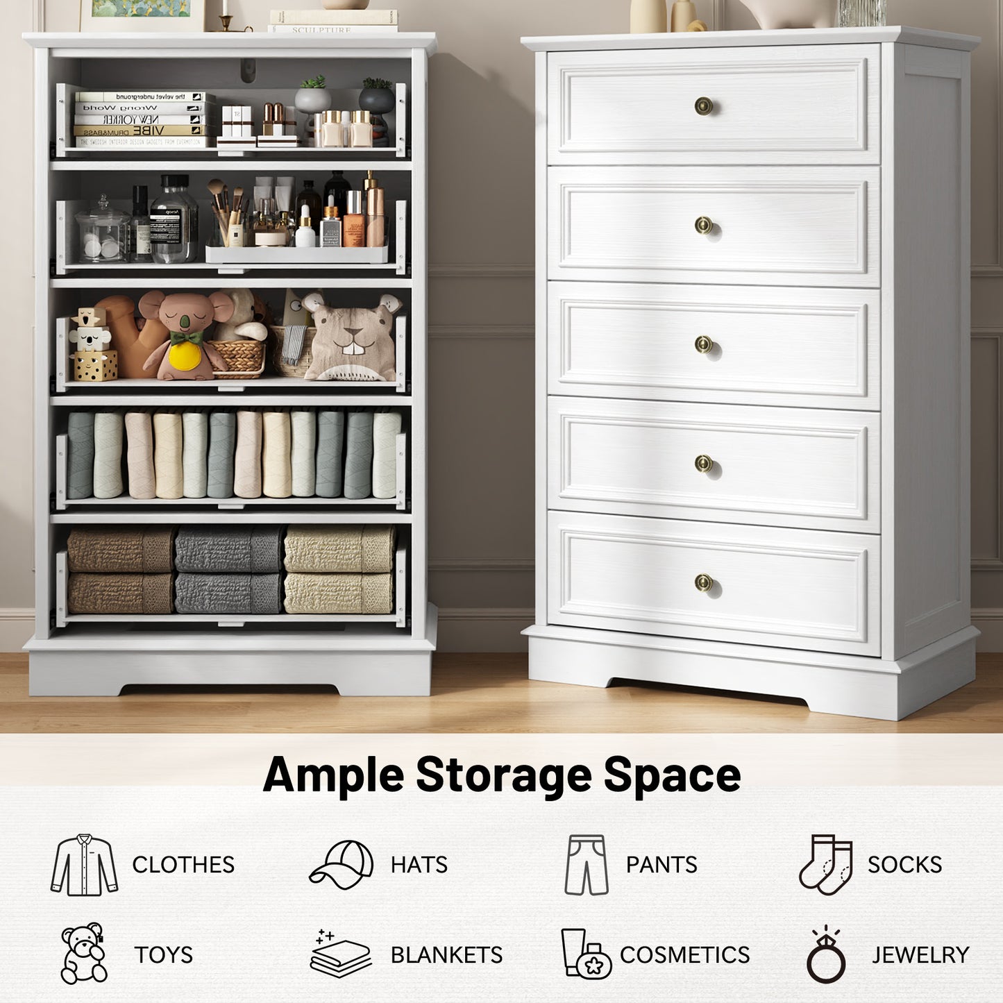 NEGYLIM Chest of Drawers for Bedroom, 5 Drawer Dresser, Modern Storage Cabinet Dresser Organizer Unit with Antique Bronze Round Handles for Living Room, Closet, Hallway, Entryway