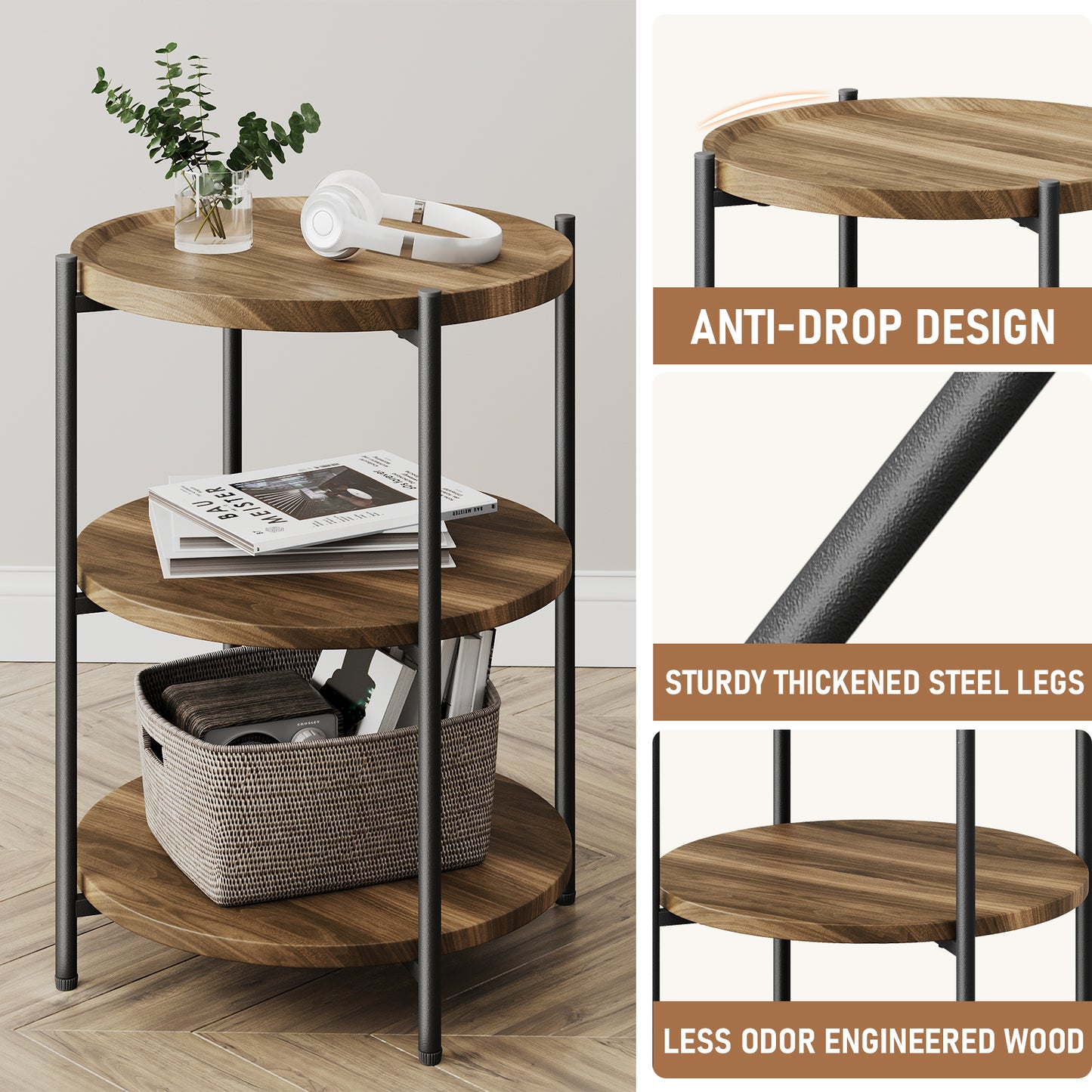 NEGYLIM End Side Table，Round Sofa Table with Metal Frame, 3-Tier Coffee Table Nightstand for Bedroom, Living Room, Nursery