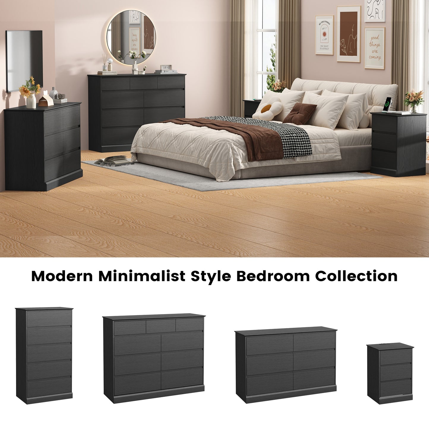 NEGYLIM 9 Drawer Dresser for Bedroom, White Dresser Chest of Drawers, Modern Wood Dressers with Deep Drawers for Living Room,Black