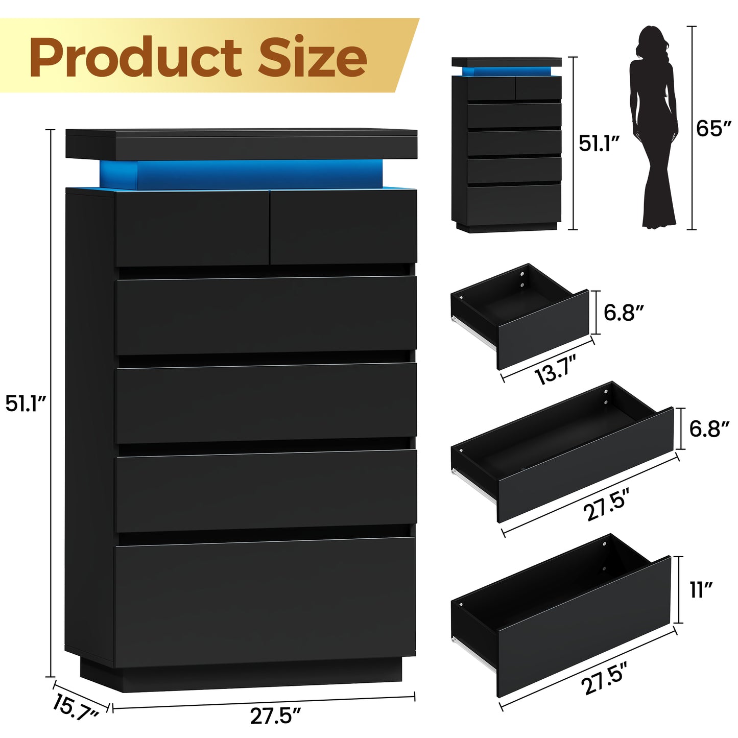 NEGYLIM 6 Drawer Black Dresser, High Gloss Dresser with LED Light for Bedroom, Living Room, Hallway, Easy Assembly