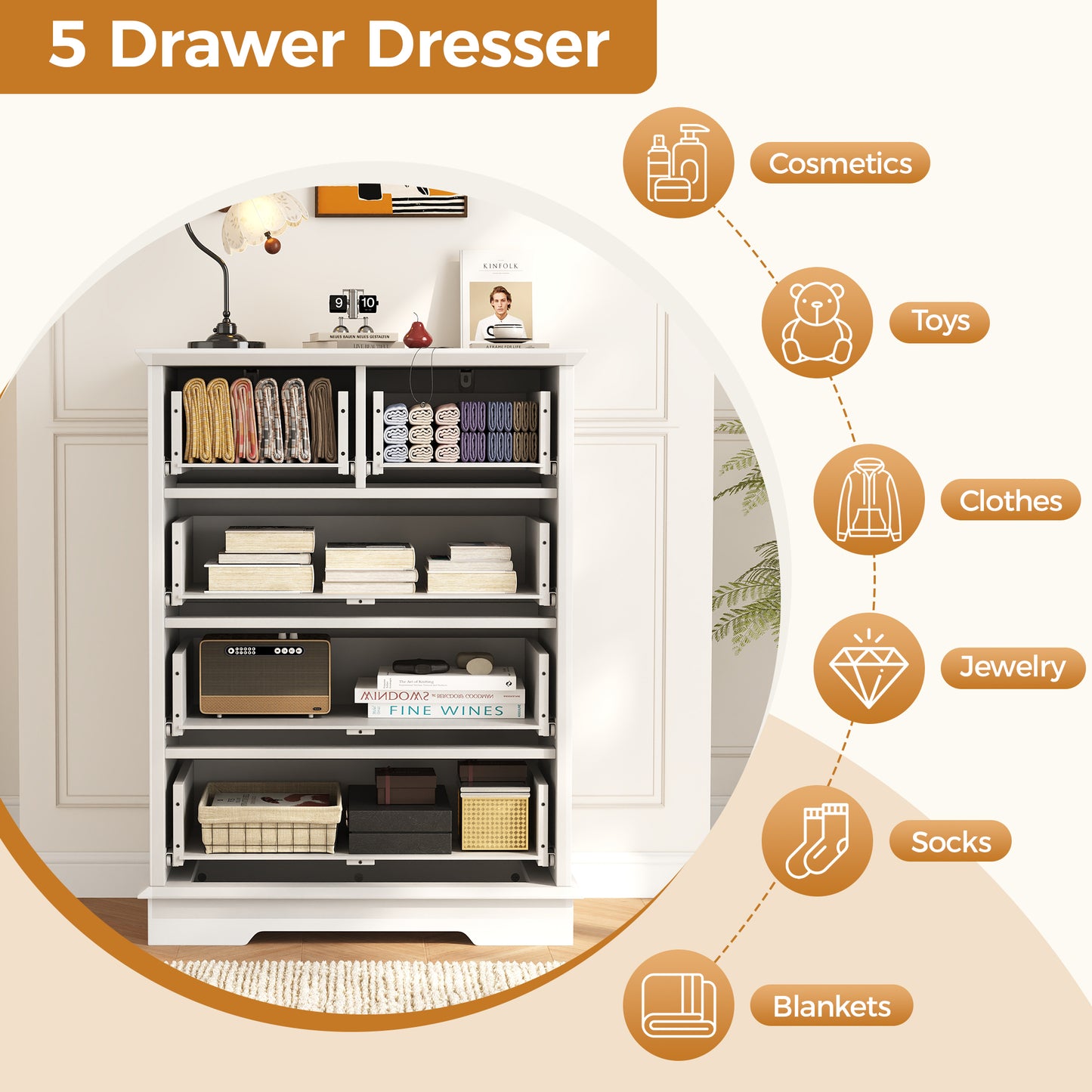5 Drawer Dresser for Bedroom, Retro Style Chest of Drawers, 26.7"×15.7"×35.8" Wood Storage Dresser with Deep Drawers for Living Room, Hallway, Entryway, White