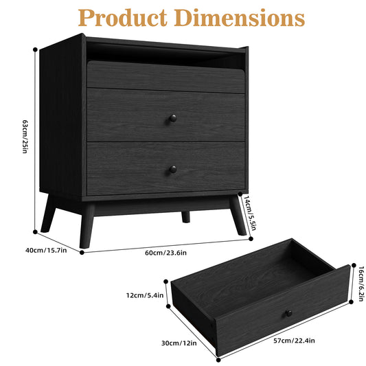 NEGYLIM 3-Drawer Nightstand with Hidden Charging Station, Wood Bedside Table 25" Height x 24" Width, Bedroom Furniture End Table, Black 1-Pcs