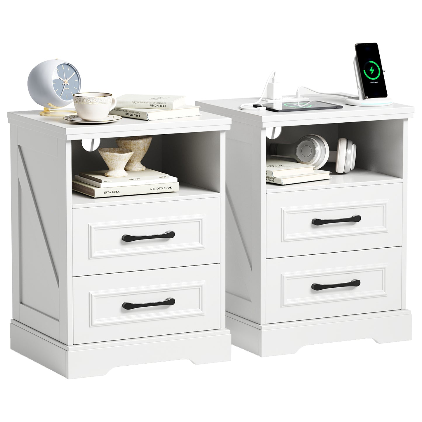 NEGYLIM Nightstand, Farmhouse End Table with Charging Station, 2 Drawers Storage for Bedroom
