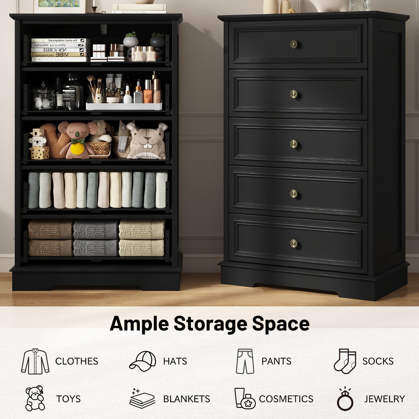 NEGYLIM 5 Drawer Dresser, Chest of Drawers for Bedroom, Modern Storage Cabinet Dresser Organizer Unit with Antique Bronze Round Handles for Living Room, Closet, Hallway, Entryway