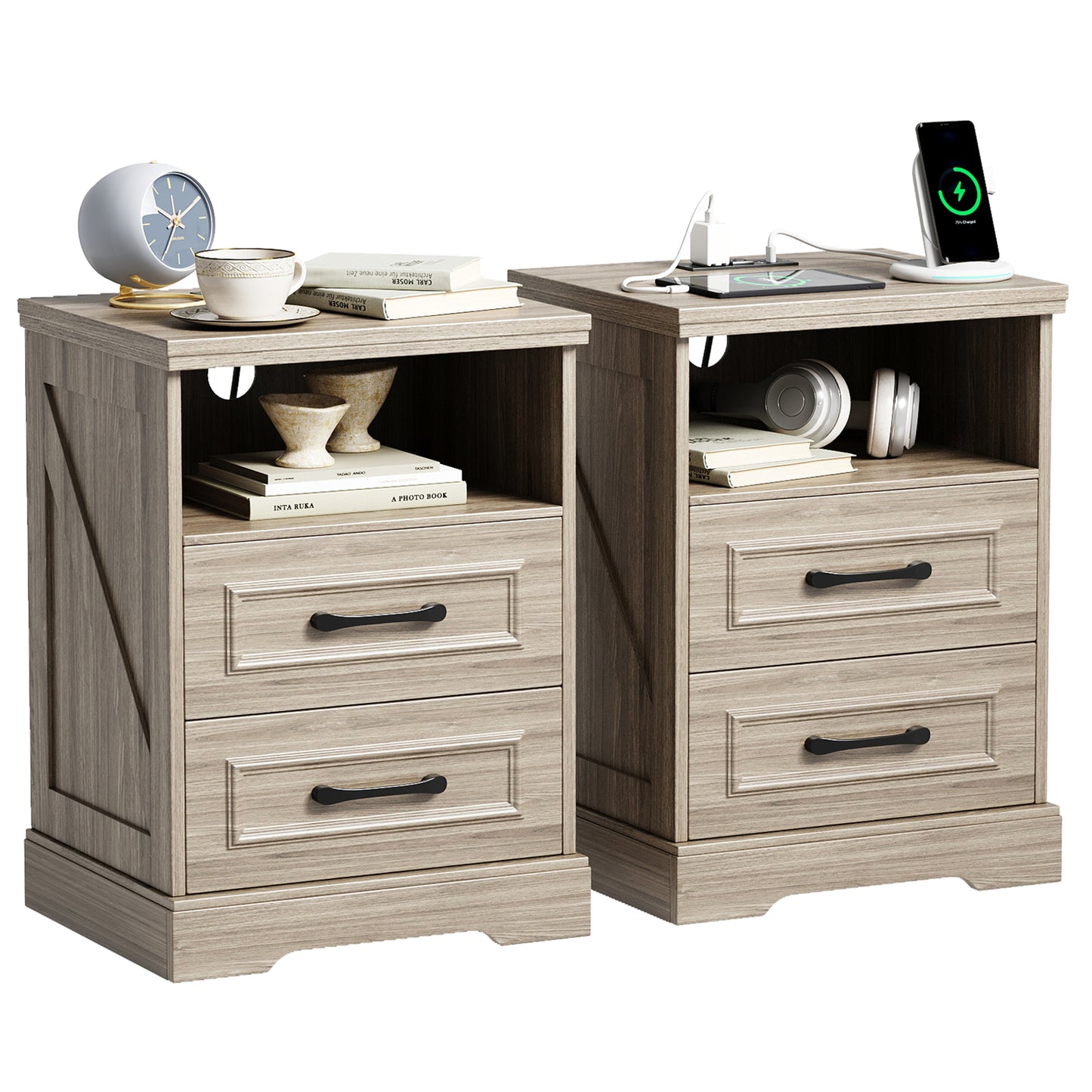 NEGYLIM 2-Piece Nightstand, Farmhouse End Table with Charging Station, 2 Drawers Storage for Bedroom