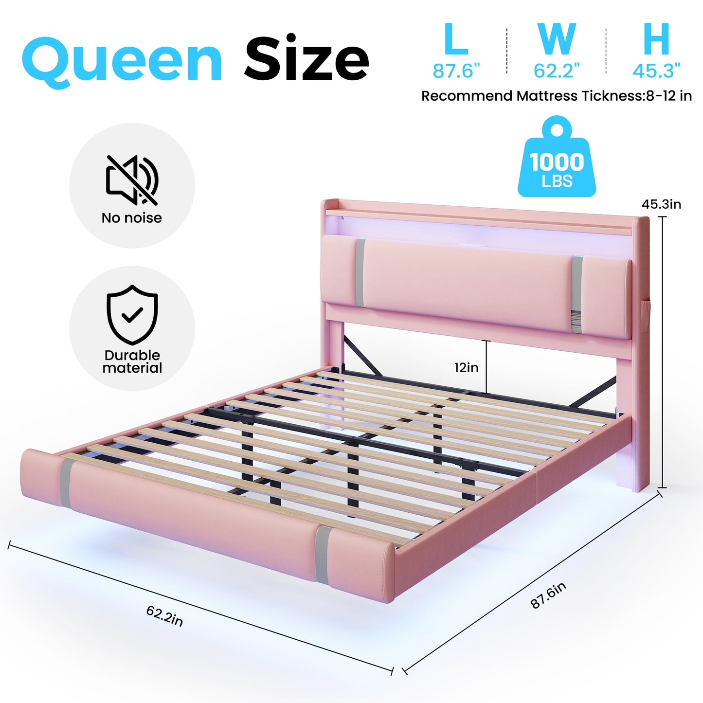 NEGYLIM Floating Bed Frame Queen Size with LED Lights, Easy to Assemble, Metal Platform Bed with Storage Headboard, No Box Spring Needed, Pink