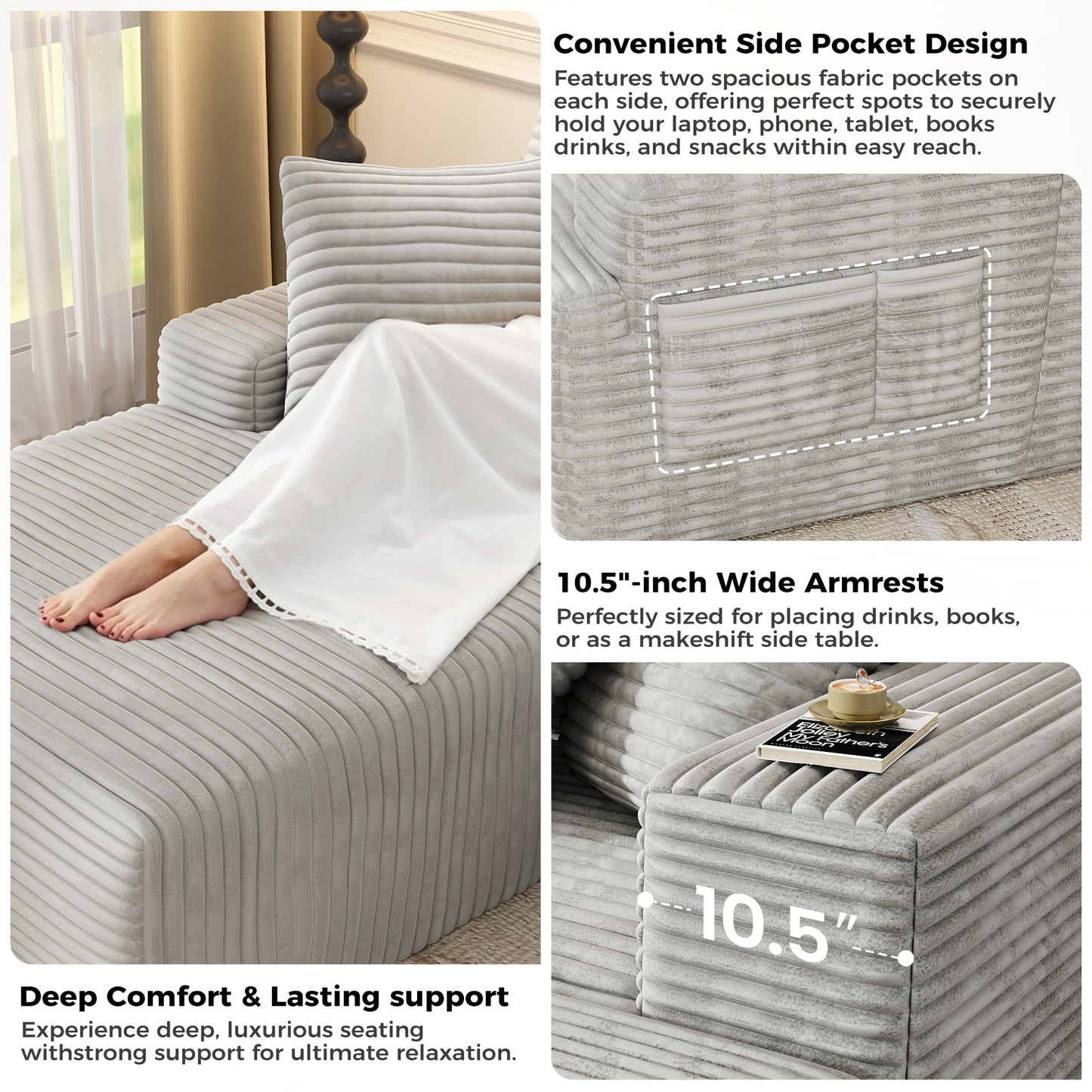 Oversized Sofa Ottoman Footrest, Matching Cushion for L-Shaped Sofa to Create U-Shaped Sectional , Large Seat Stool, High Resilience Foam & Corduroy Fabric, for Living Room Bedroom, (Oyster White)