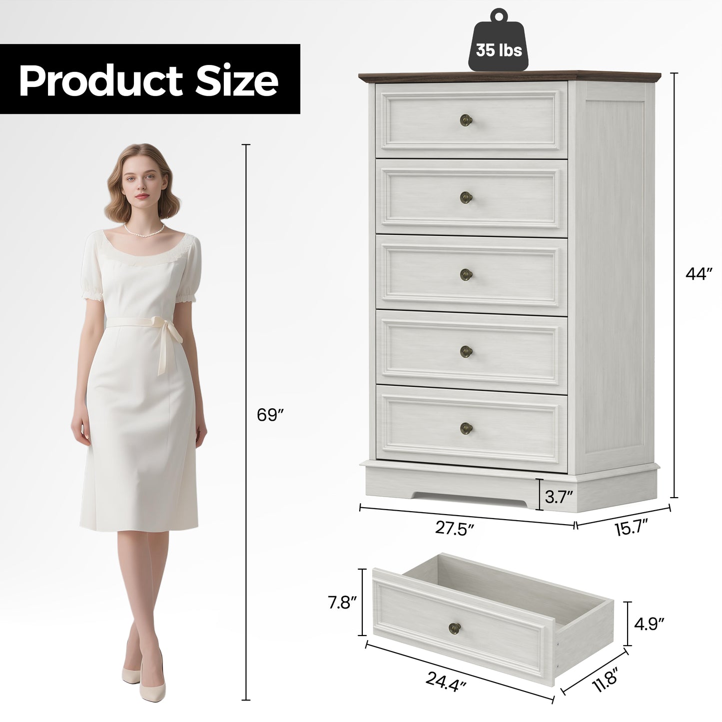 5 Drawer Dresser, Wood Chest of Drawers for Bedroom, Retro Storage Cabinet Dresser Organizer Unit with Antique Bronze Round Handles for Living Room, Closet, Hallway, Entryway