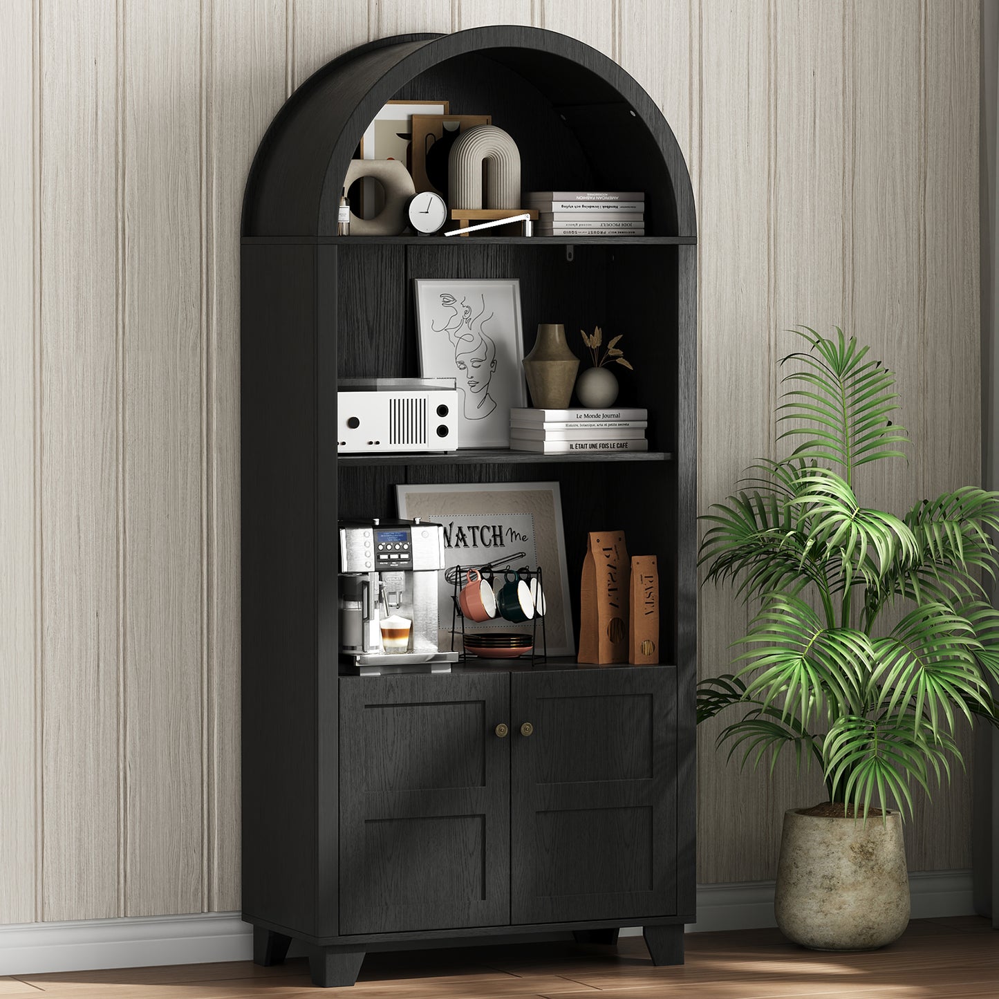 70'' Tall Arched Cabinet, Arched Kitchen Pantry Cabinet with 2 Doors and 5shelves, Open Storage Cabinets Display Bookcase, Versatile Cupboard for Living Room(Black)