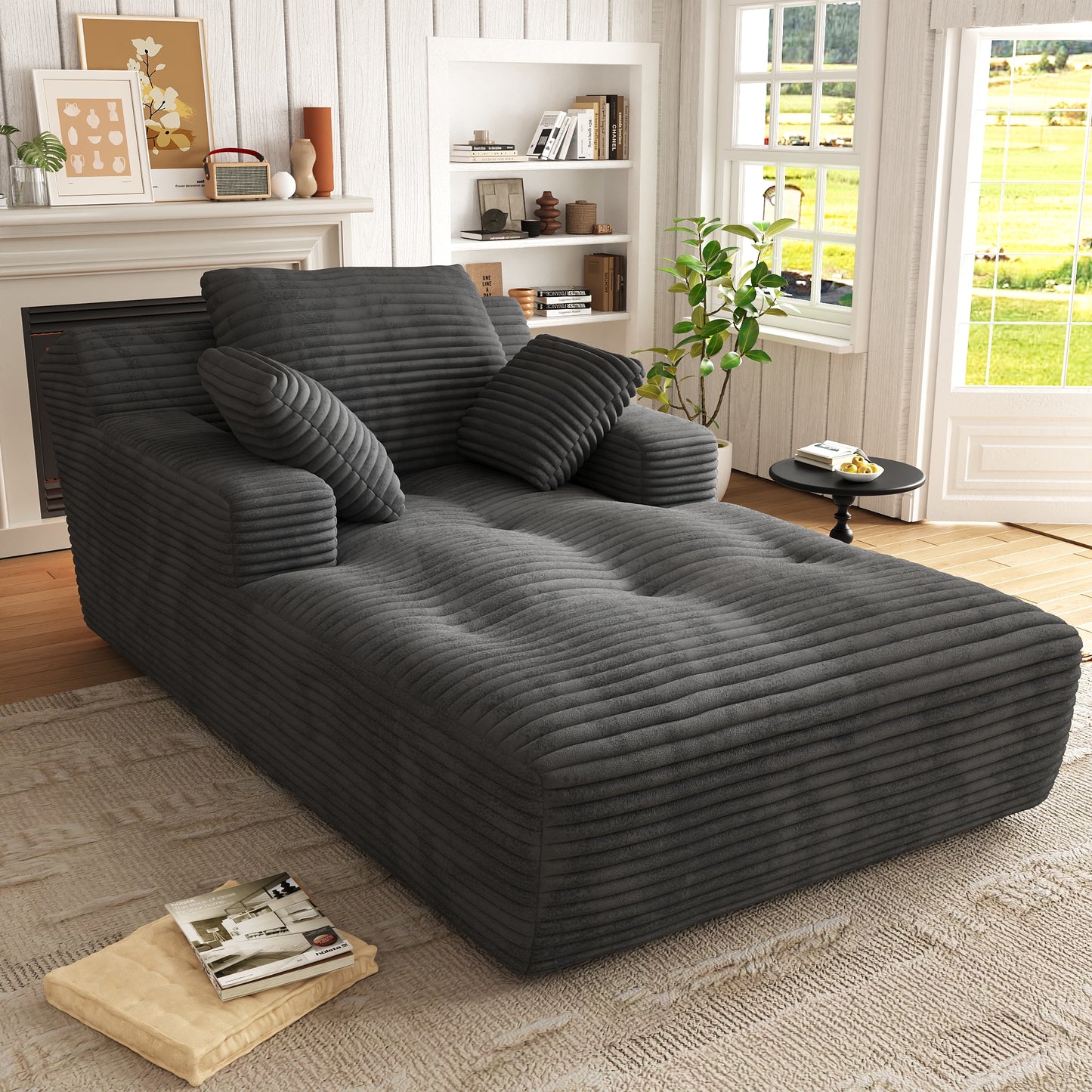 67'' Oversized Chaise Lounge Chair, Cloud Plush Corduroy Sofa Bed for Living Room, Modern Deep Seat Sleeper Couch with Back Cushion, No Assembly Required, (Charcoal)