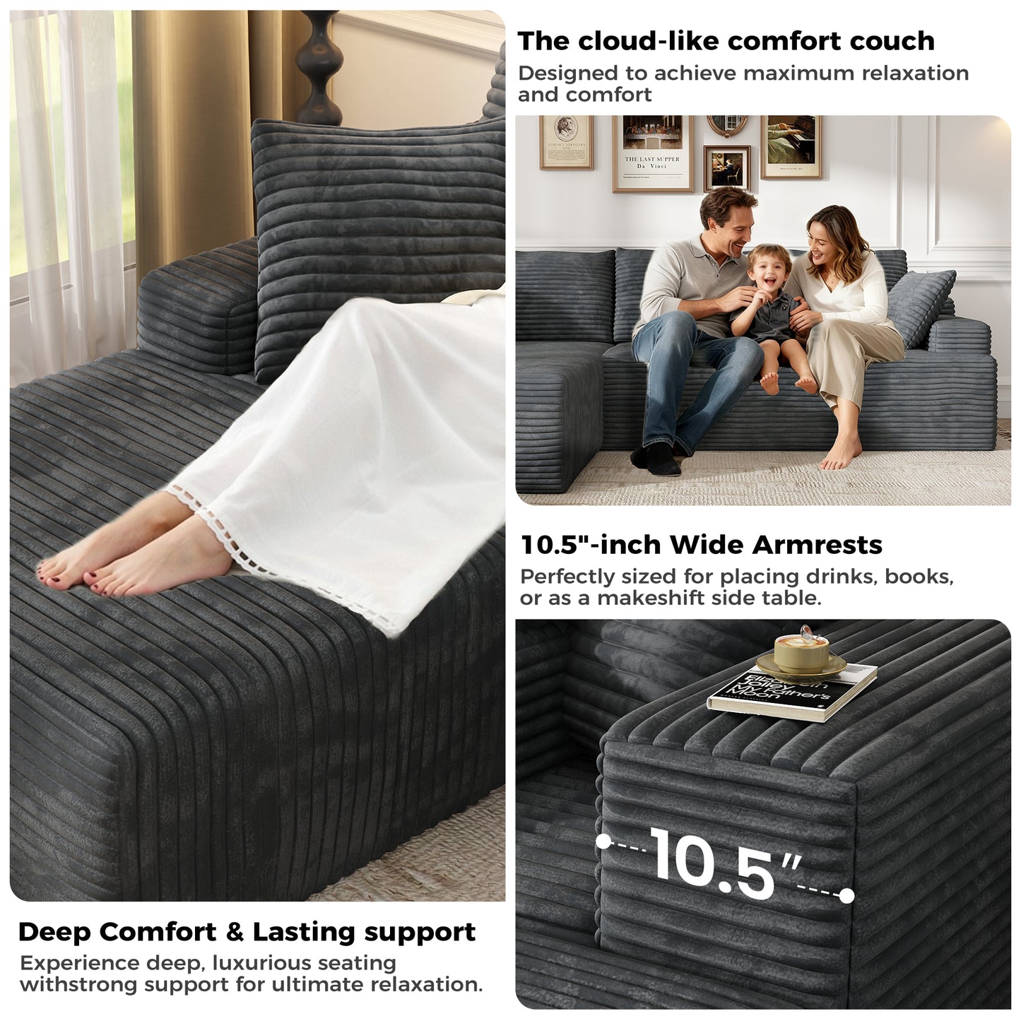 104" Modular L-Shaped Sectional Sofa, No Assembly Required Boneless Sofa with Chaise, High Resilience Foam & Corduroy Fabric, for Living Room Bedroom,(Black Grey)