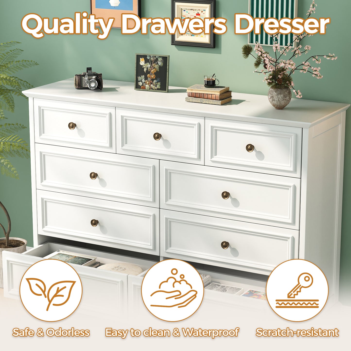 9 Drawer Dresser, Wood Chest of Drawers, Rustic-Style Dresser with Metal Handles, Tall Storage Dresser Organizer, Suitable for Bedroom, Closet, Living Room, Hallway and Entryway