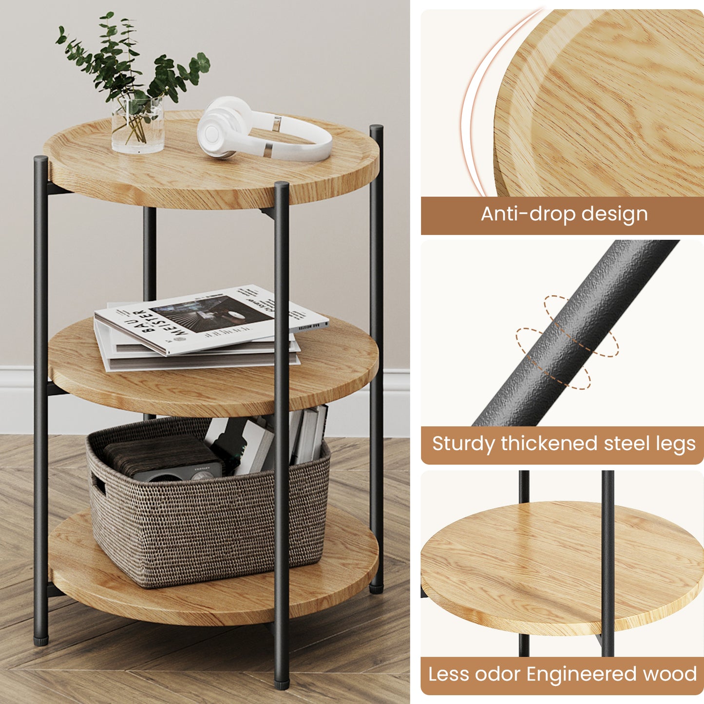 NEGYLIM End Side Table，Round Sofa Table with Metal Frame, 3-Tier Coffee Table Nightstand for Bedroom, Living Room, Nursery