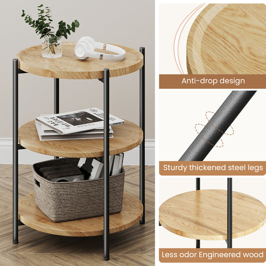 NEGYLIM End Side Table，Round Sofa Table with Metal Frame, 3-Tier Coffee Table Nightstand for Bedroom, Living Room, Nursery