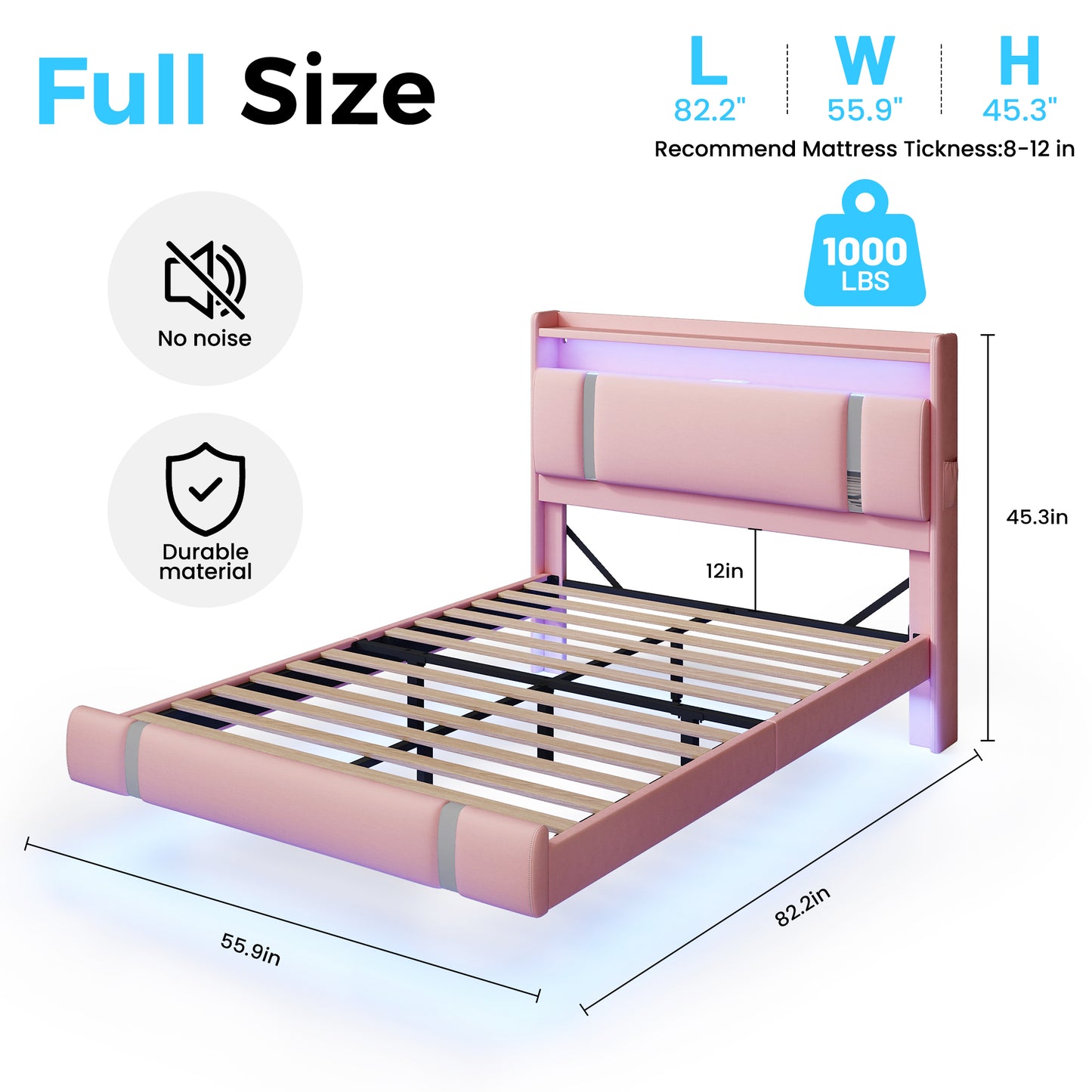 NEGYLIM Floating Bed Frame Twin Size with LED Lights, Easy to Assemble, Metal Platform Bed with Storage Headboard, No Box Spring Needed, Pink