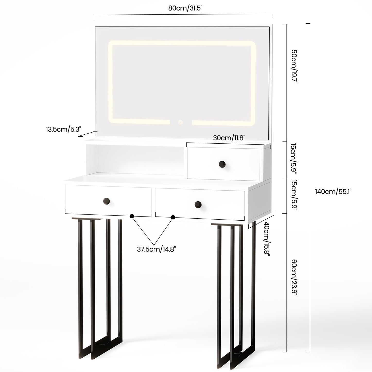NEGYLIM Vanity with LED Lights and Mirror, White Makeup Vanity Desk with Drawers Dressing Tables Dresser Desk 3 Lighting Color Adjustable