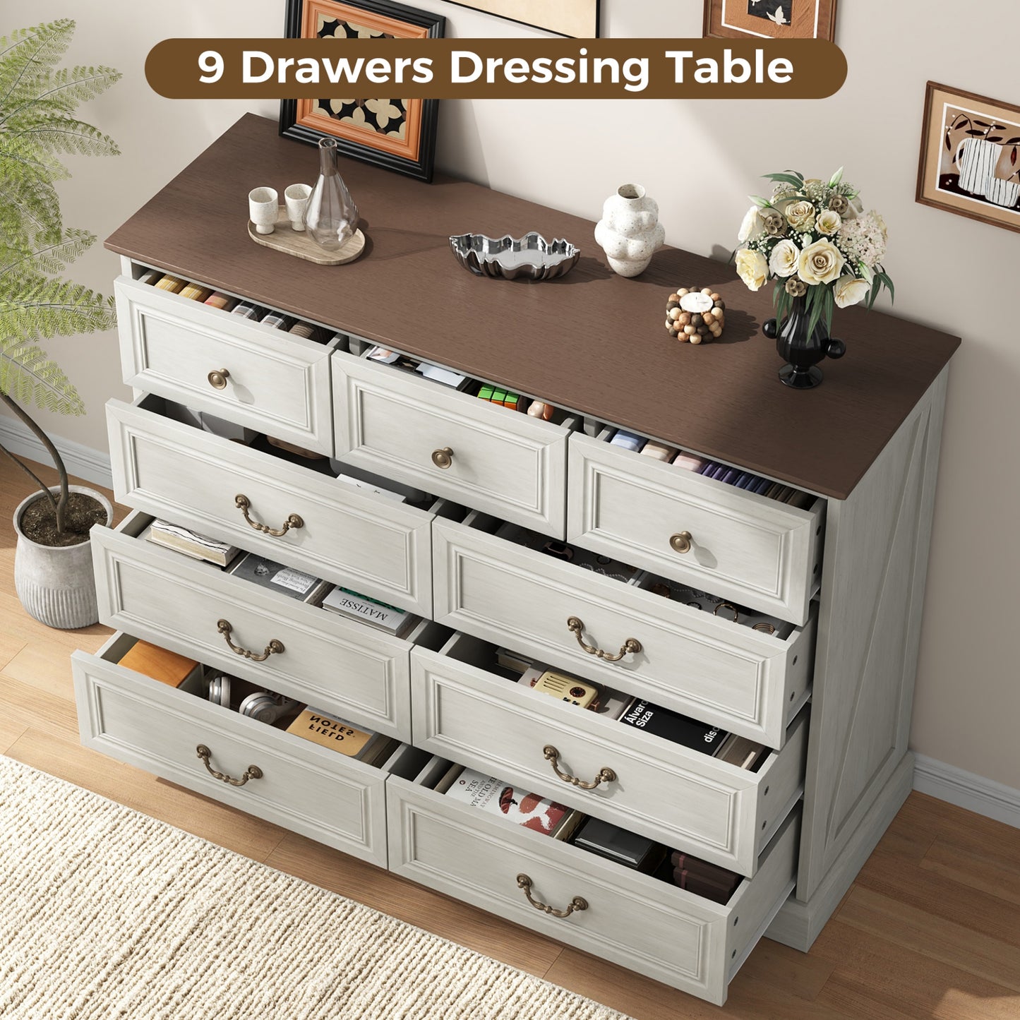 NEGYLIM 9 Drawers Dresser for Bedroom Dressers & Chest of Drawers with Vintage Handles,Long White Dresser for Living Room,Hallway,Study(Rustic White)