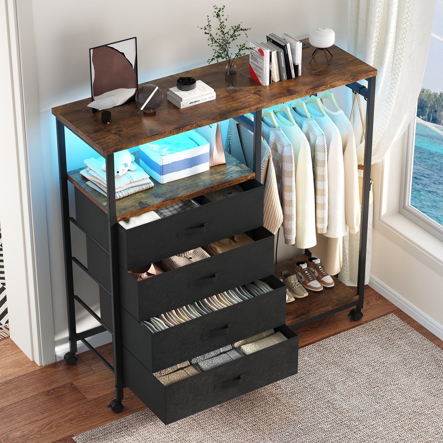3-in-1 Dresser with Clothes Rack, 4 Drawers, Charging Station, LED Lights, and Wheels, Rustic Brown Storage Chest for Bedroom, Living Room, Hallway（Ember Brown）
