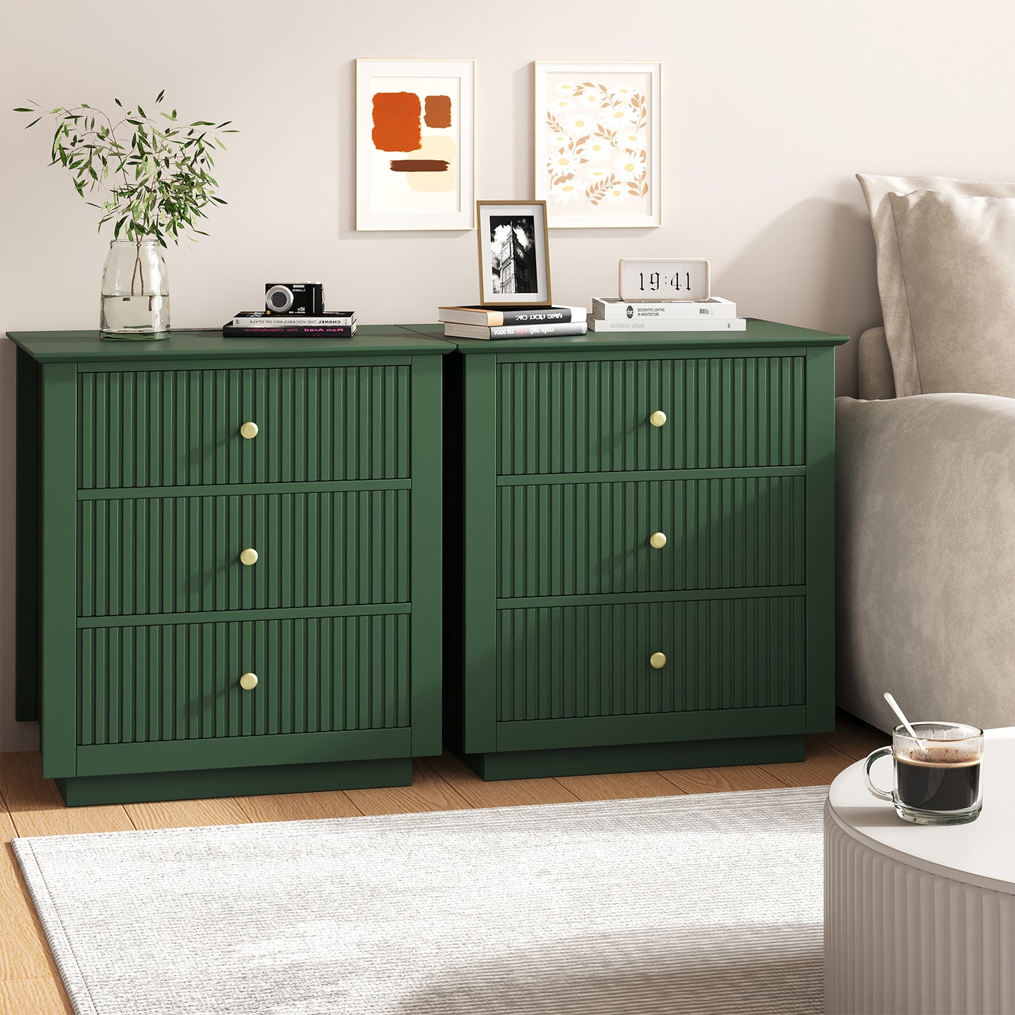 Modern Nightstand with Charging Station & 3 Drawers, 24 Inch Wide Bedside Table Set of 2 for Bedroom and Living Room, Large Storage End Table with Fluted Design, Green