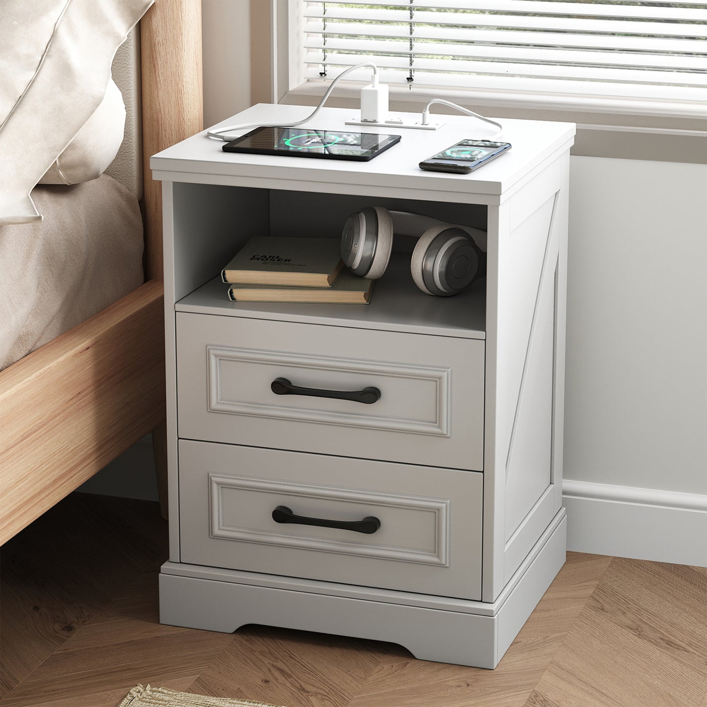 NEGYLIM Nightstand, Farmhouse End Table with Charging Station, 2 Drawers Storage for Bedroom