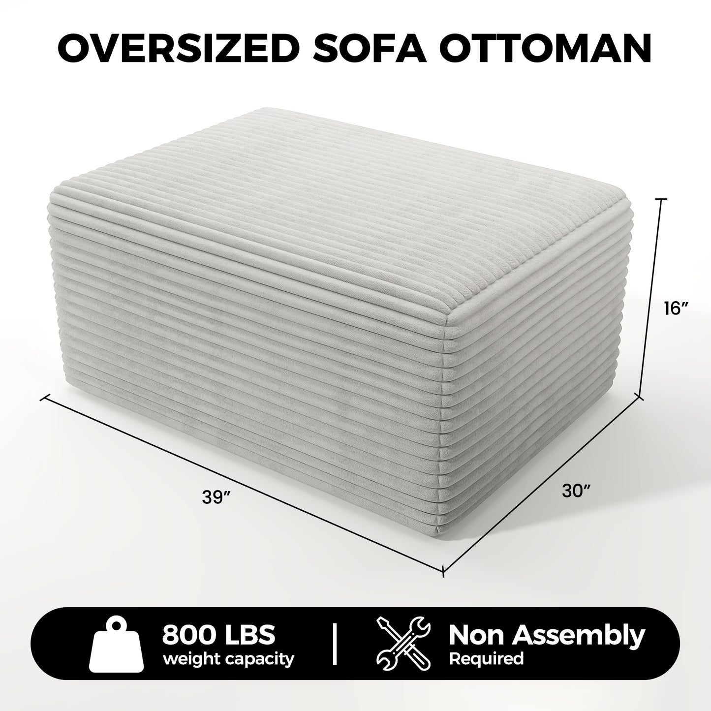 Large Oversized Ottoman Bench for Living Room, Extra Seating & Coffee Table for Sofa, Plush Corduroy Pouf Footrest, No Assembly Needed, Rectangle Floor Ottoman, (Oyster White)