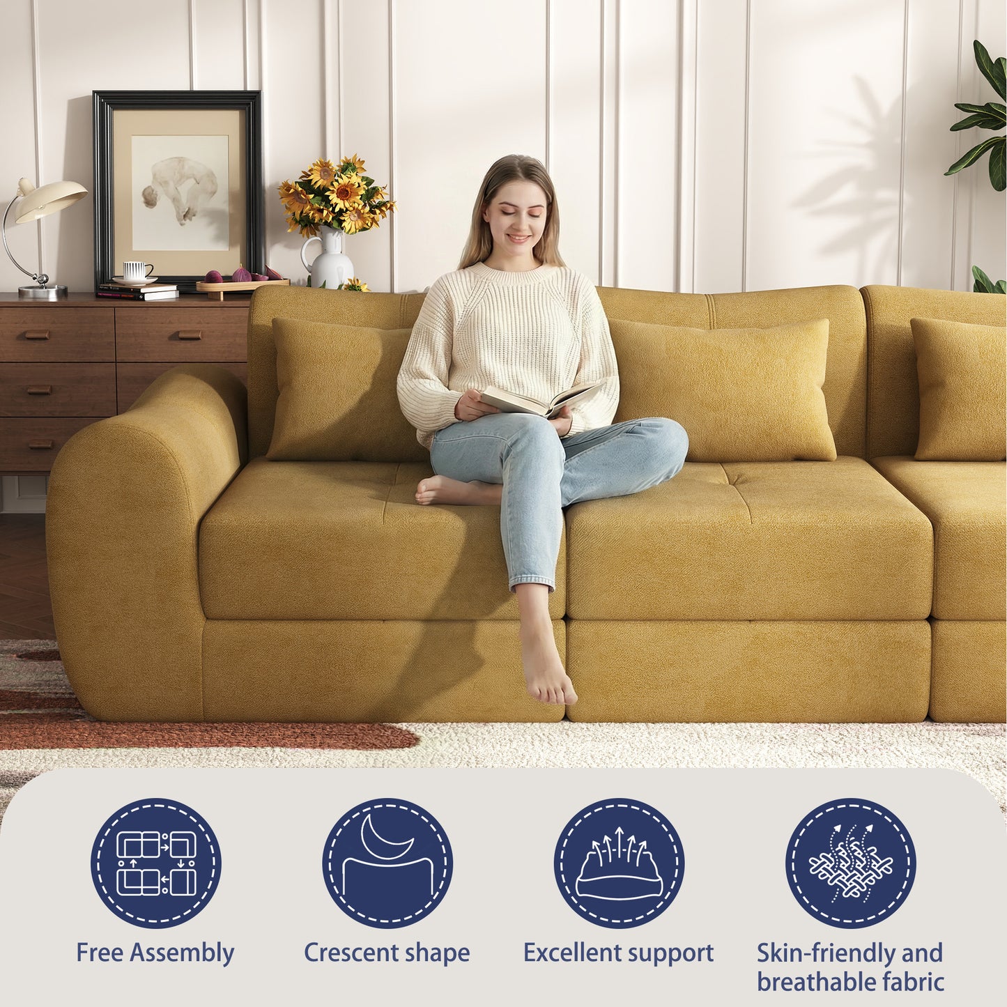 NEGYLIM 102" Modular Sectional Sofa, Chenille Cloud Sofa with Throw Pillows, Oversized Deep Seat Couch, Pet Friendly, No Assembly Required, Mustard Yellow