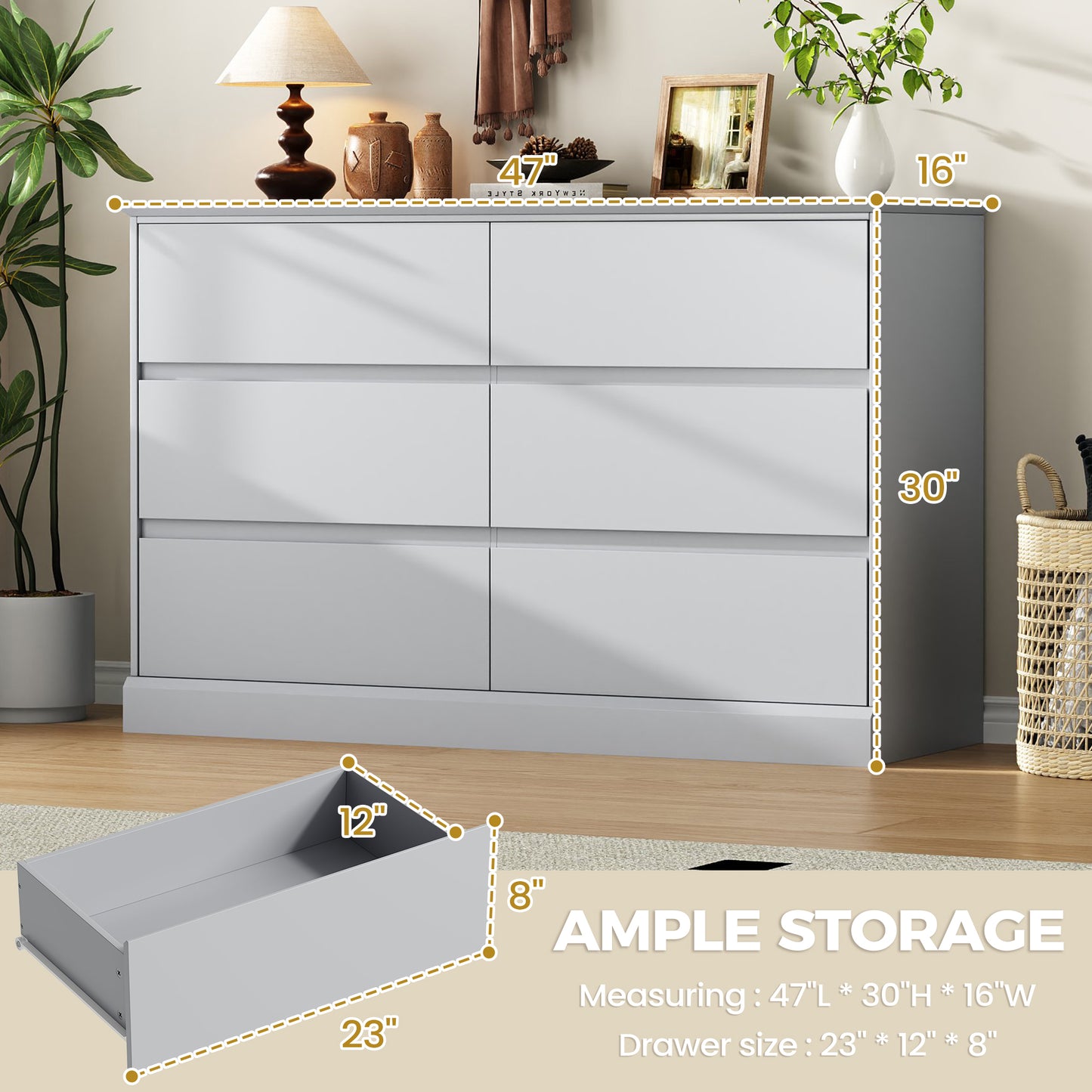 6 Drawer Dresser for Bedroom, White Dresser Double Chest of Drawers, Modern Wood Dressers with Deep Drawers for Living Room,Gray