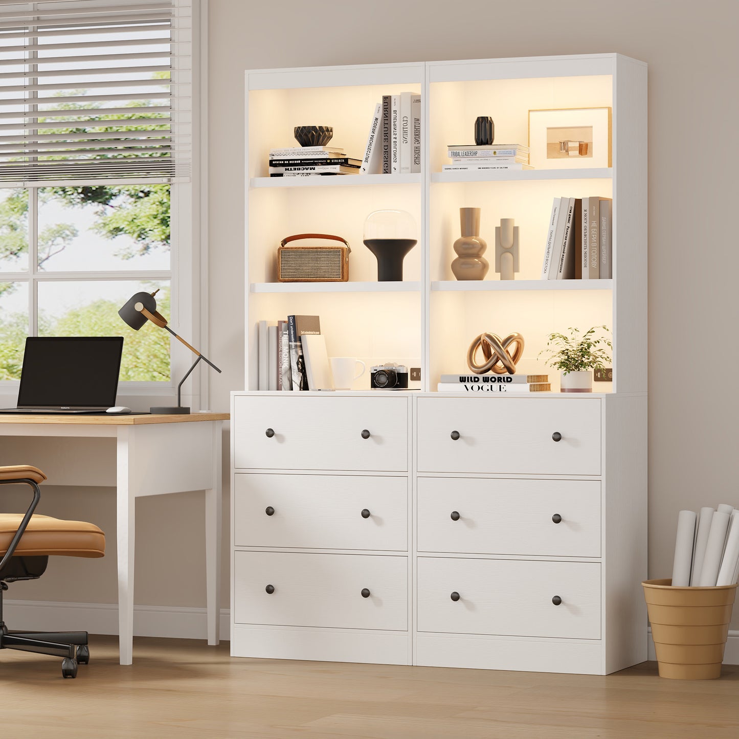 NEGYLIM 2PCS 71" Tall Bookcase with Sensor Lights, White Bookshelf with Charging Station, Bookshelves with 3 Large Drawers for Living Room Home Office