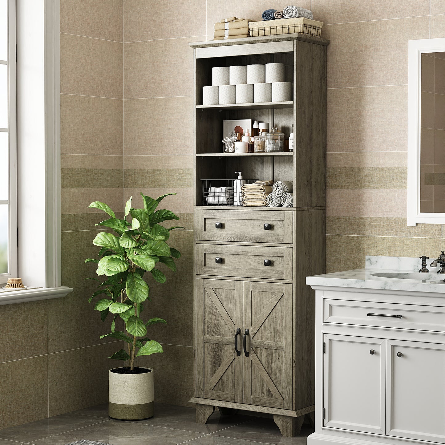 NEGYLIM 72" Tall Bathroom Storage Cabinet, Freestanding Cabinet with Adjustable Shelves, Large Bathroom Pantry Cabinet with 2 Drawers for Living Room, Kitchen, Dining Room, Office, Grey