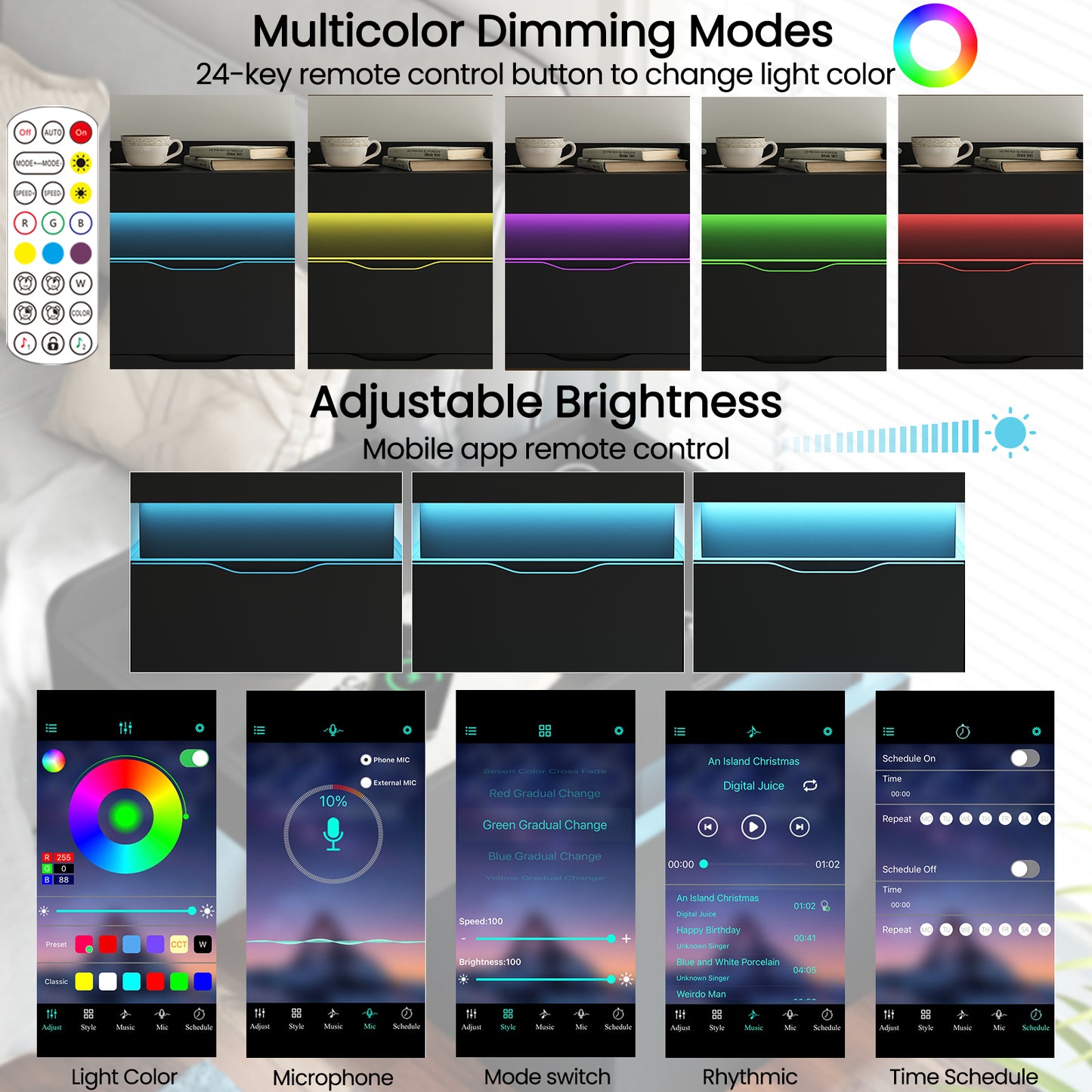 NEGYLIM Bedside Table, Modern Style, with 3 Drawers, Large Capacity, Multi-Color LED Lights & Charging Station, Bedroom Side Table