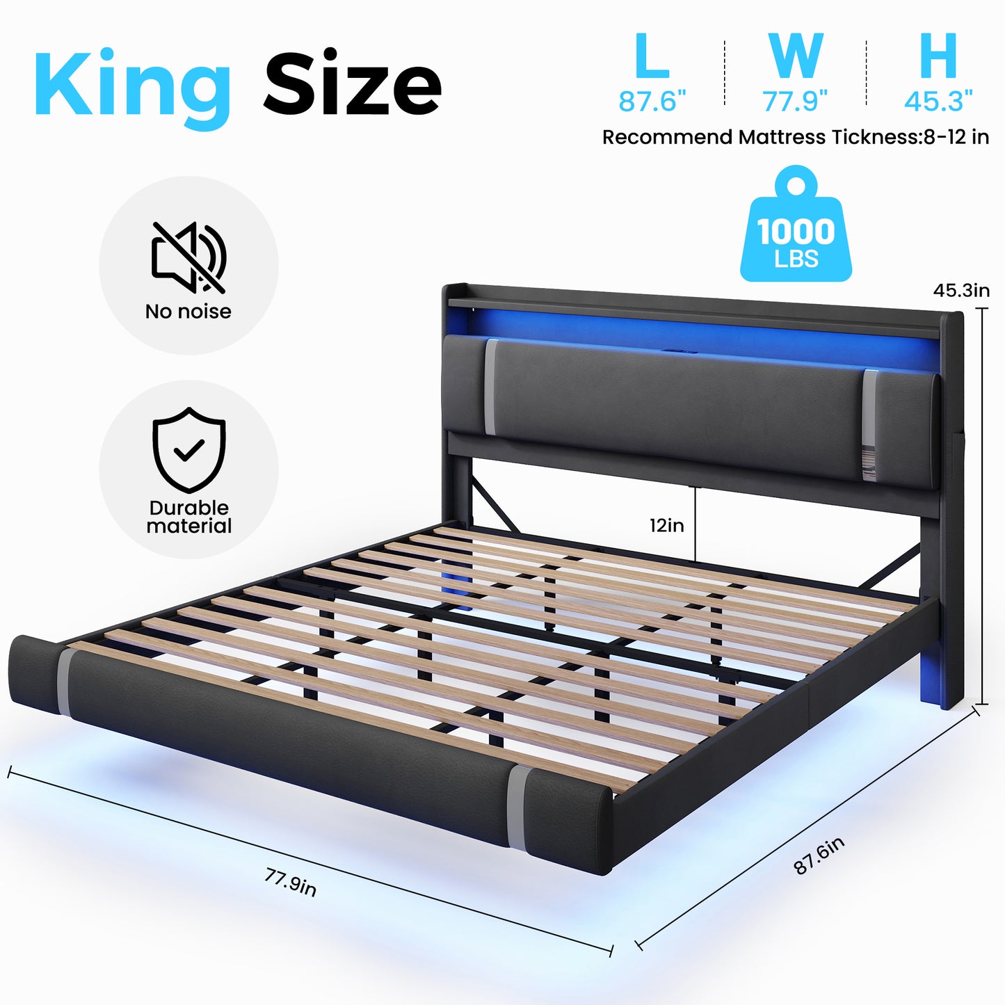 NEGYLIM Floating Bed Frame King Size with LED Lights, Easy to Assemble, Metal Platform Bed with Storage Headboard, No Box Spring Needed, White