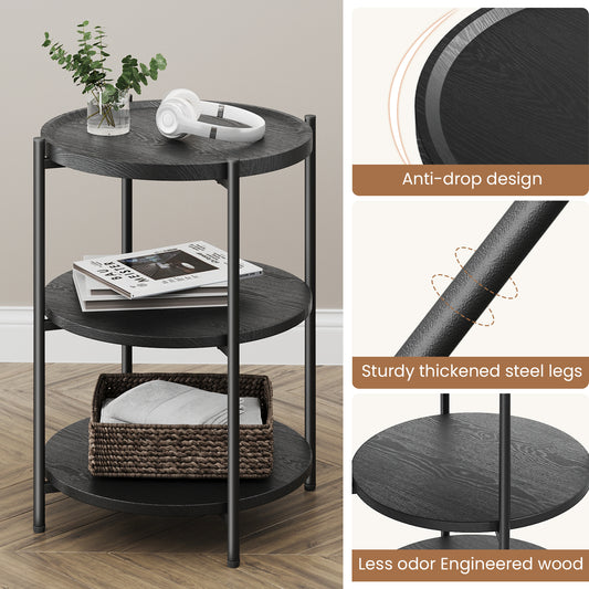 NEGYLIM End Side Table，Round Sofa Table with Metal Frame, 3-Tier Coffee Table Nightstand for Bedroom, Living Room, Nursery