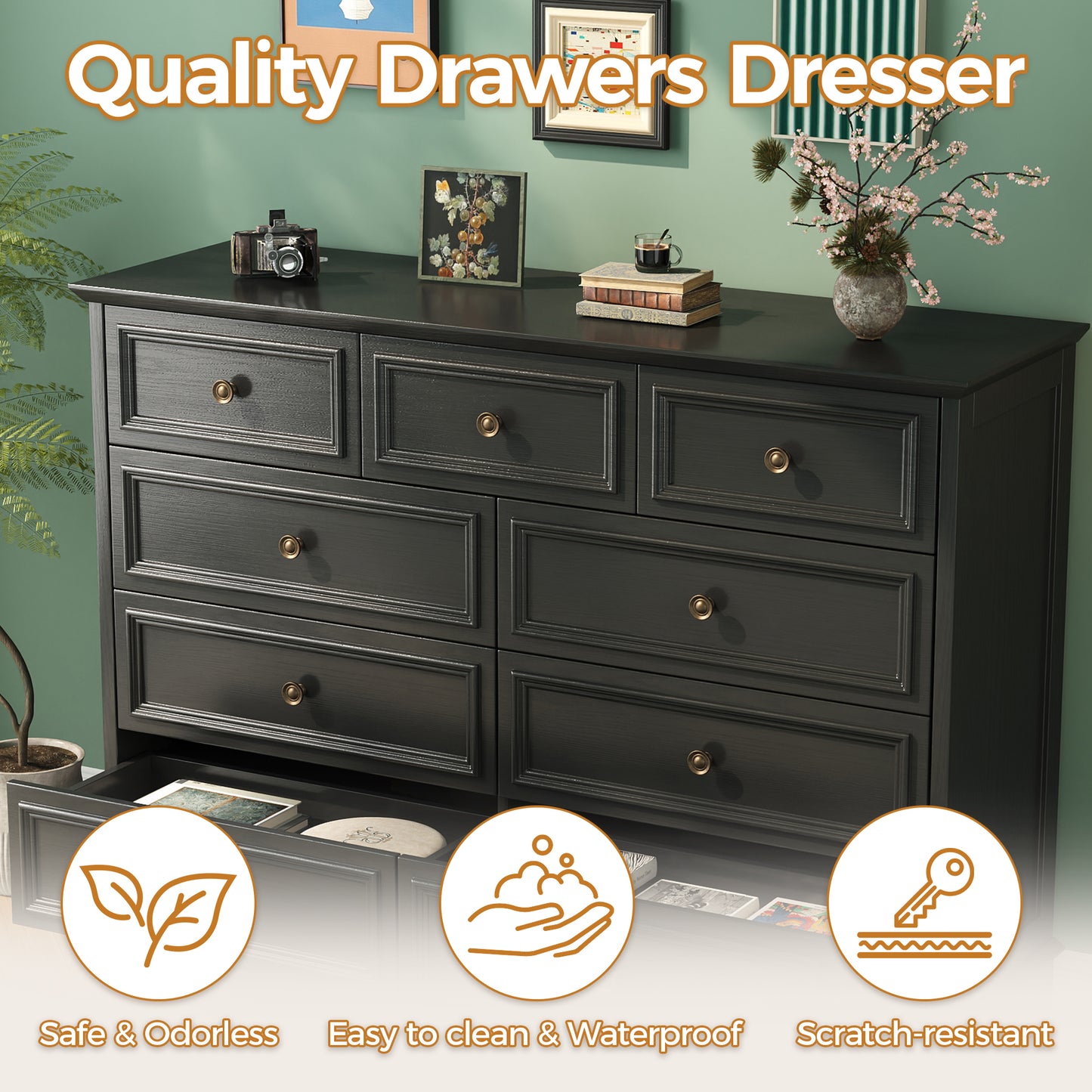 9 Drawer Chest of Drawers, Tall Storage Dresser Organizer, Modern Storage Cabinet Dresser Organizer Unit with Antique Bronze Round Handles for Living Room, Closet, Hallway, Entryway