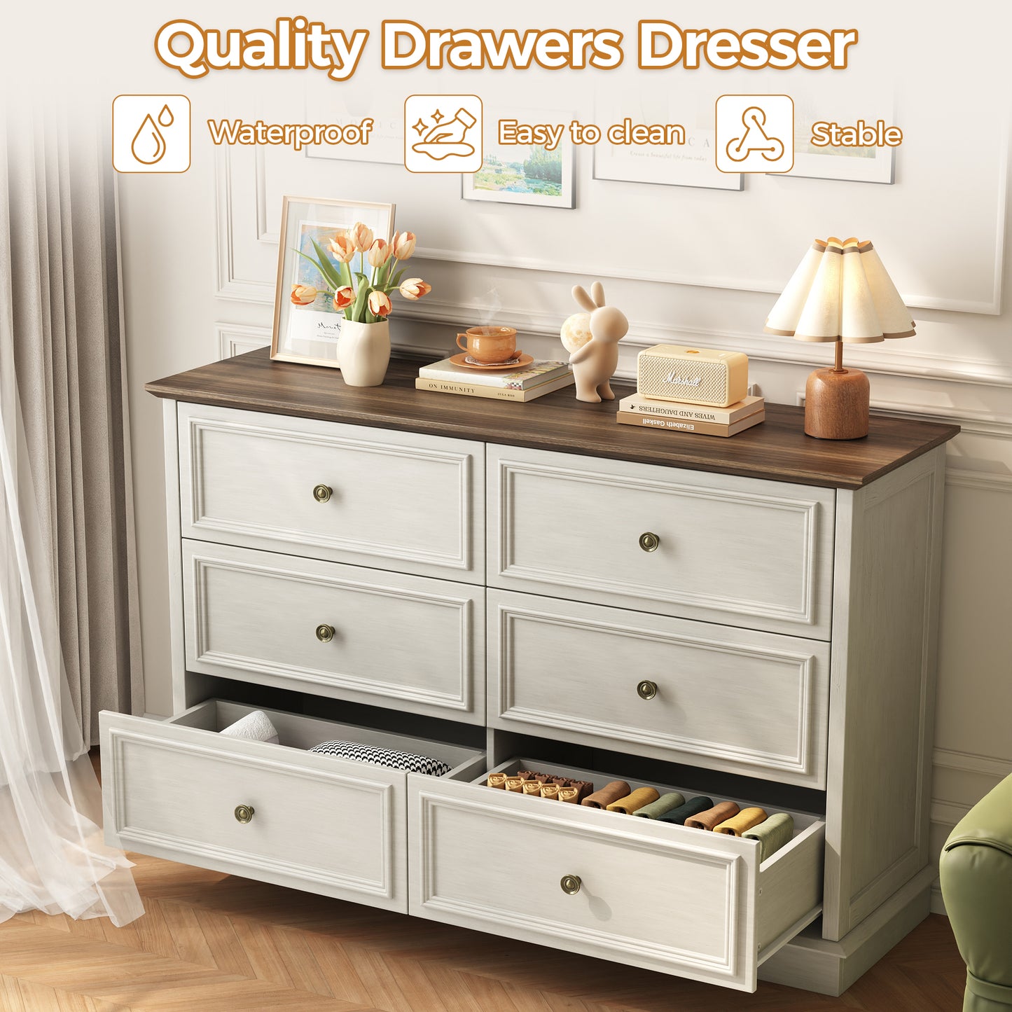 6 Drawer Dresser for Bedroom, 50.4" * 15.7" * 35.8" Retro Style Chest of Drawers, Wood Storage Double Dresser with Deep Drawers for Living Room, Hallway Entryway