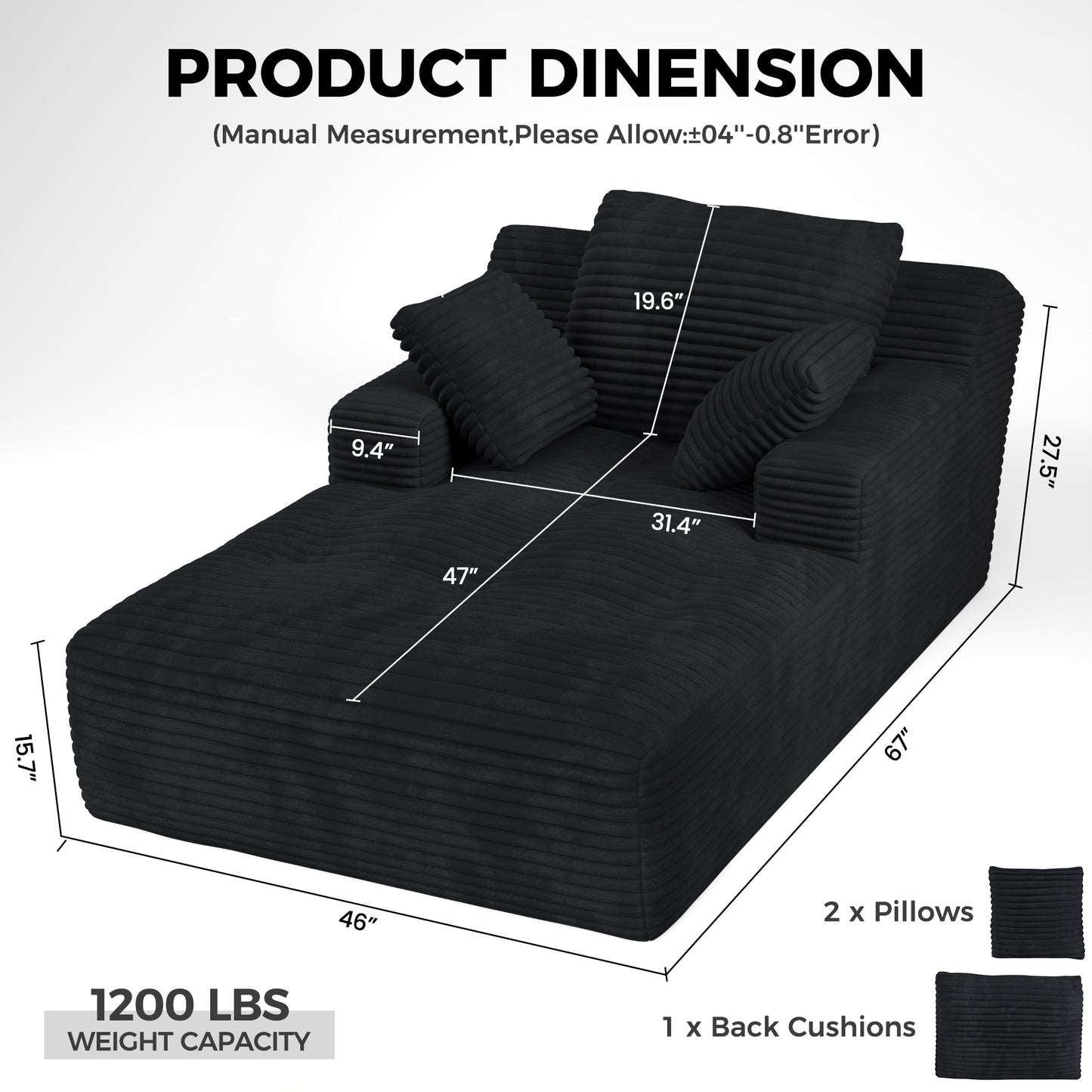 67'' Oversized Chaise Lounge Chair, Cloud Plush Corduroy Sofa Bed for Living Room, Modern Deep Seat Sleeper Couch with Back Cushion, No Assembly Required, (Deep Black)