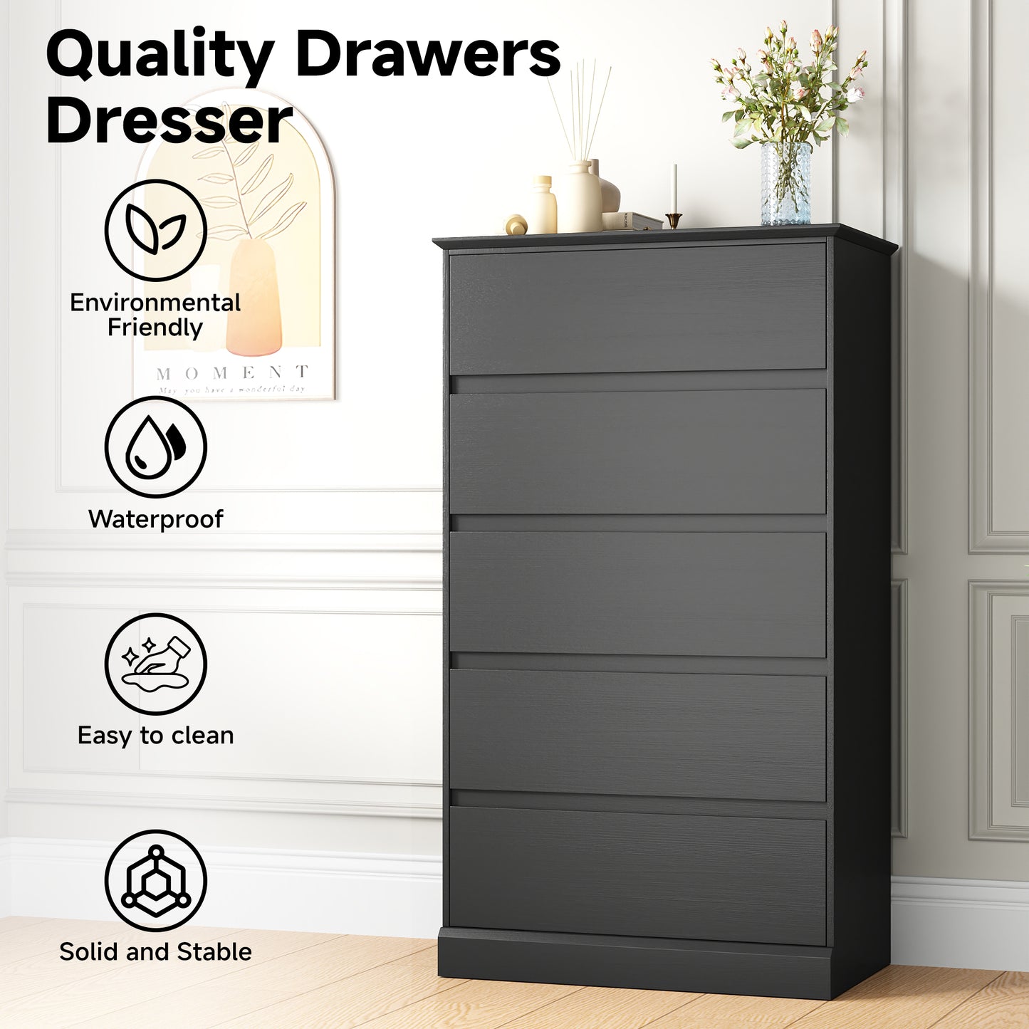 5 Drawer Dresser for Bedroom, 15.8" D x 27.6" W x 48.4" H in Simply Modern Chest of Drawers, Wood Storage Dresser with Deep Drawers for Living Room Hallway Entryway, Black