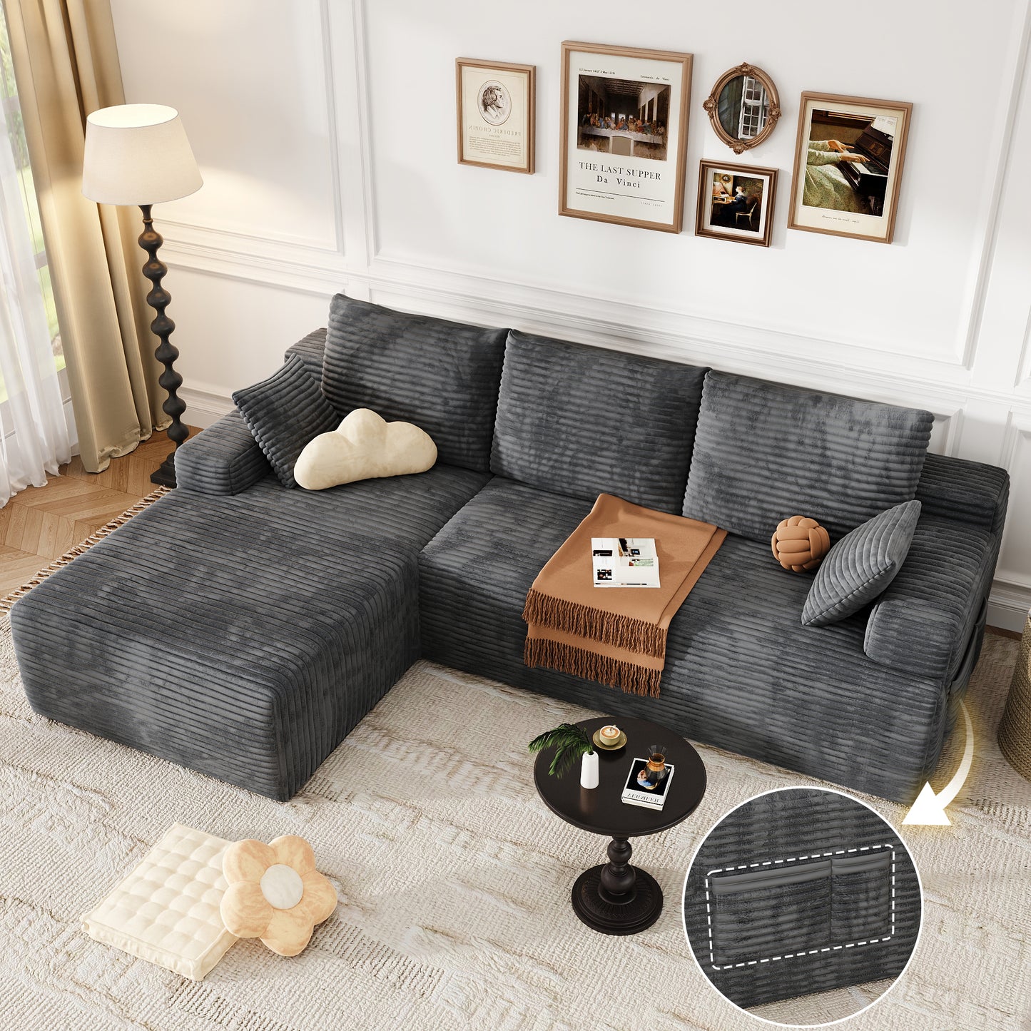 Oversized Sofa Ottoman Footrest, Matching Cushion for L-Shaped Sofa to Create U-Shaped Sectional , Large Seat Stool, High Resilience Foam & Corduroy Fabric, for Living Room Bedroom, (Charcoal)