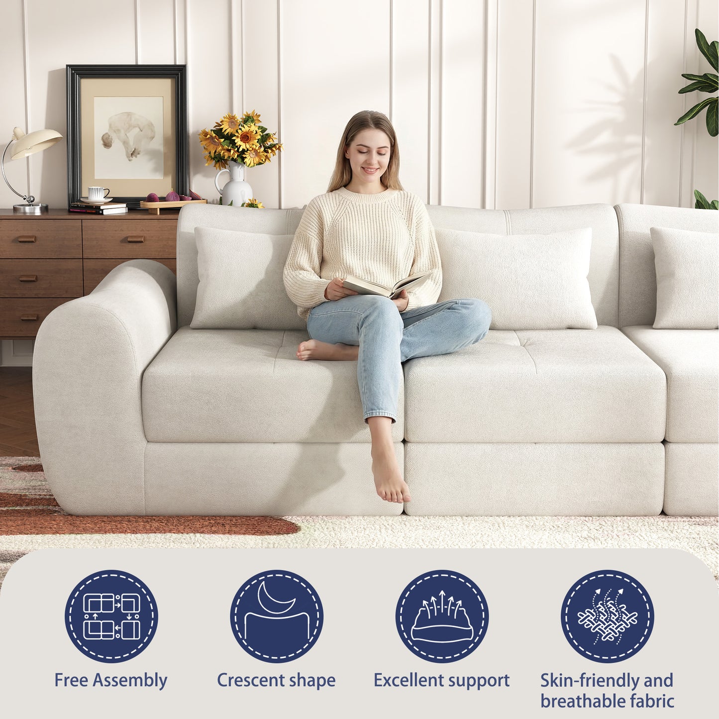 NEGYLIM 102" Modular Sectional Sofa, Chenille Cloud Sofa with Throw Pillows, Oversized Deep Seat Couch, Pet Friendly, No Assembly Required, Beige