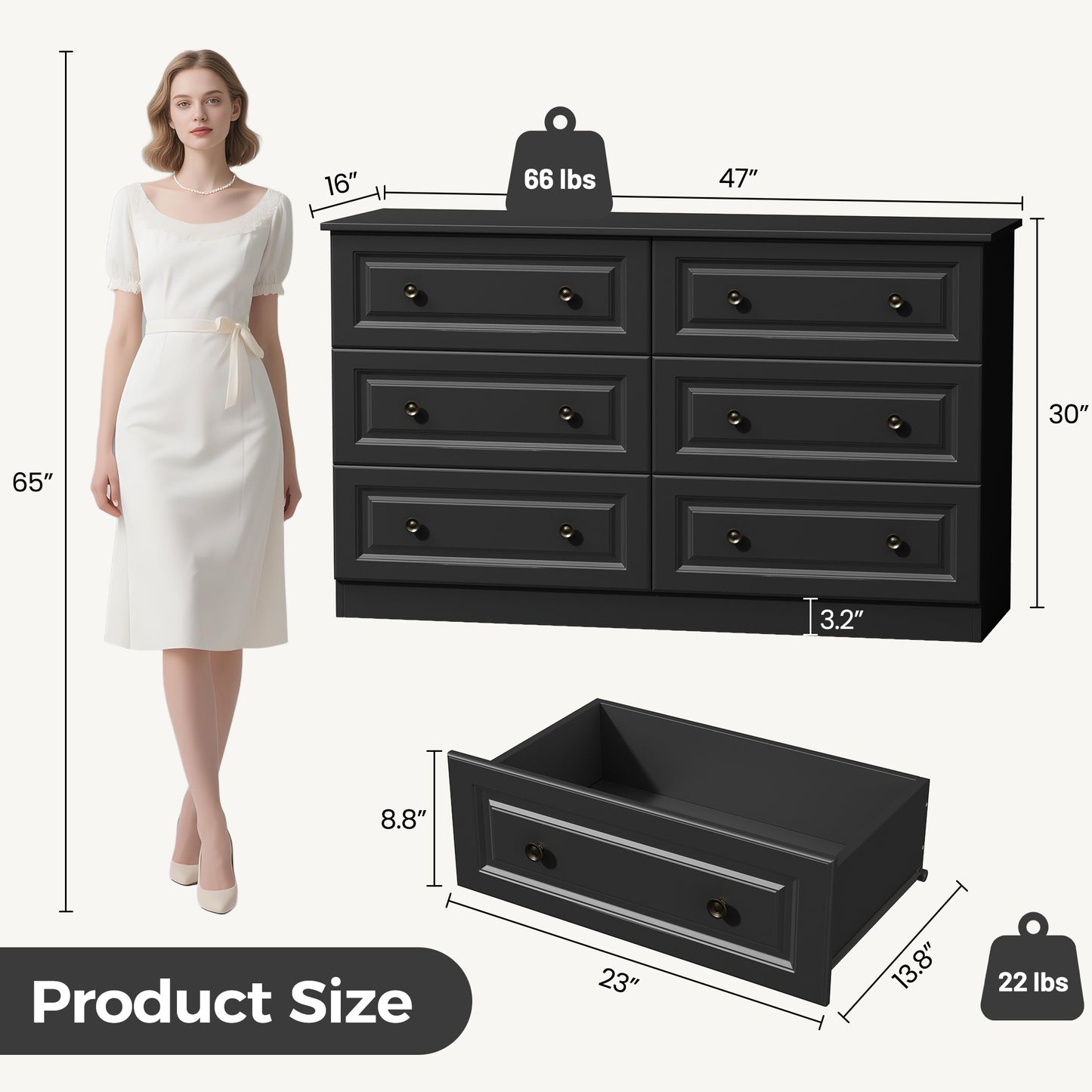 NEGYLIM 6-Drawer Black Dresser, 47-inch Wide Chest for Bedroom Storage, Farmhouse Style with Anti-Tip Safety
