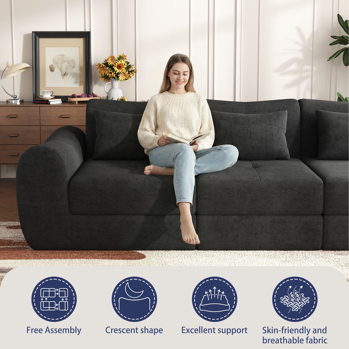 NEGYLIM 102" Modular Sectional Sofa, Chenille Cloud Sofa with Throw Pillows, Oversized Deep Seat Couch, Pet Friendly, No Assembly Required, Black