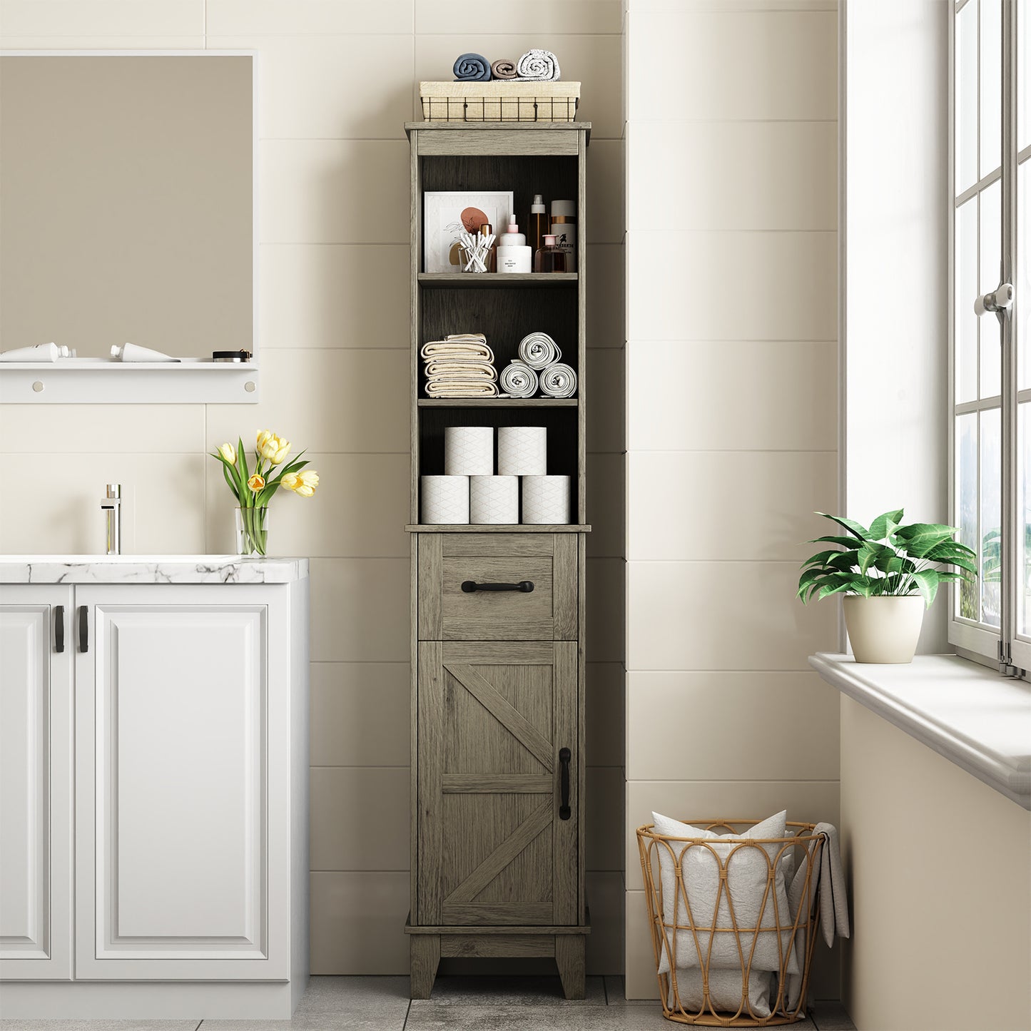 63” Tall Bathroom Storage Cabinet, Freestanding Linen Cabinet, Narrow Bathroom Storage with Barn Door and Drawer, Gray