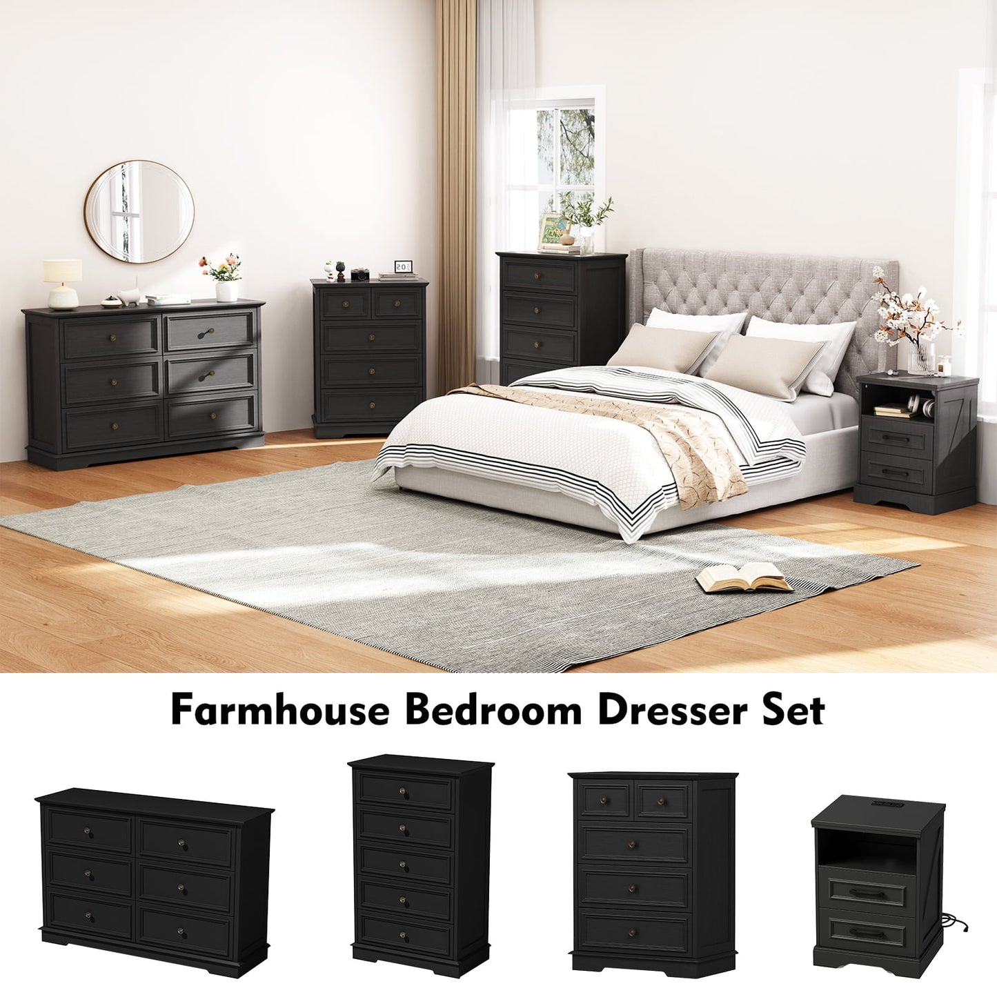 5 Drawer Dresser,Rustic-Style Chest of Drawers, Wood Storage Cabinet Dresser Organizer Unit with Antique Bronze Round Handles for Living Room, Closet, Hallway, Entryway