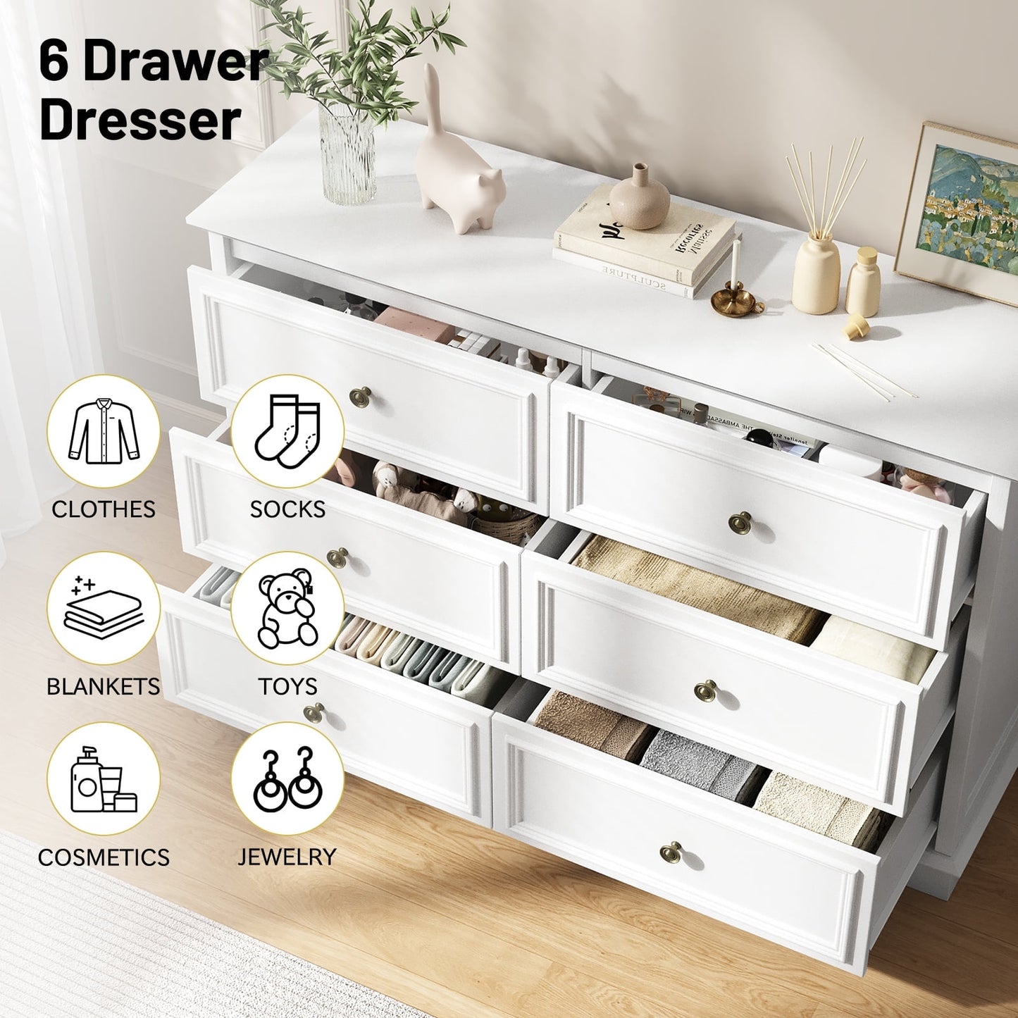 6 Drawer Chest of Drawers, Modern Storage Cabinet Dresser Organizer Unit with Antique Bronze Round Handles for Living Room, Closet, Hallway, Entryway，White
