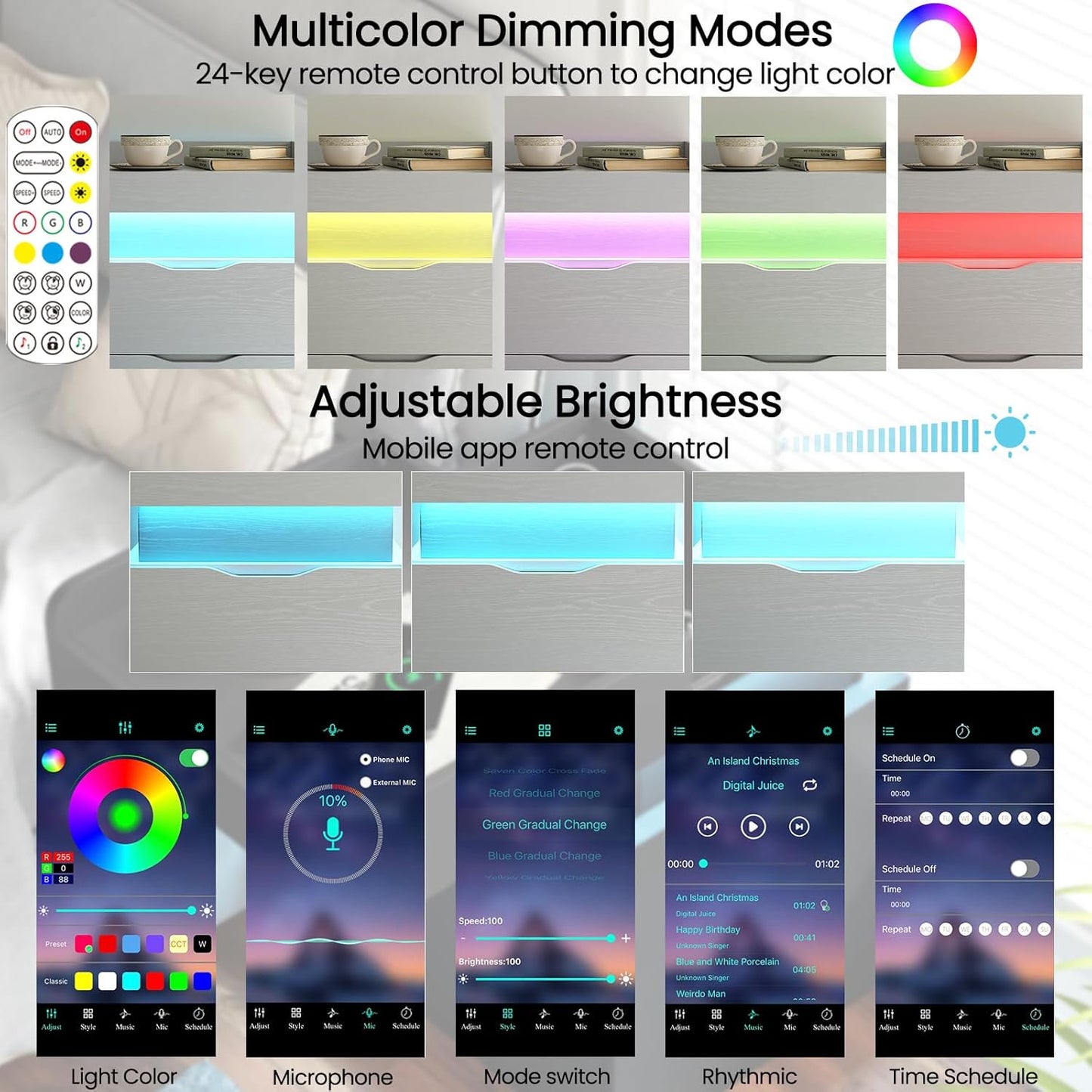 NEGYLIM 2-Piece Bedside Tables with Charging Station & LED Lights, Side Tables with 2 Wooden Drawers & a Sliding Top, Modern Style, Suitable for Bedroom, Living Room, Office