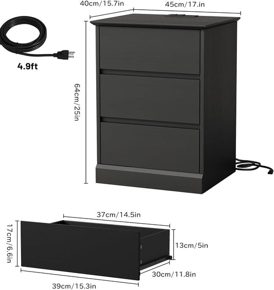 Nightstand with 3 Drawers, Black Bedside Table Night Stand for Bedroom with Charging Station & Cut-Out Handle, Sofa Side Table Dresser for Bedroom(Black)